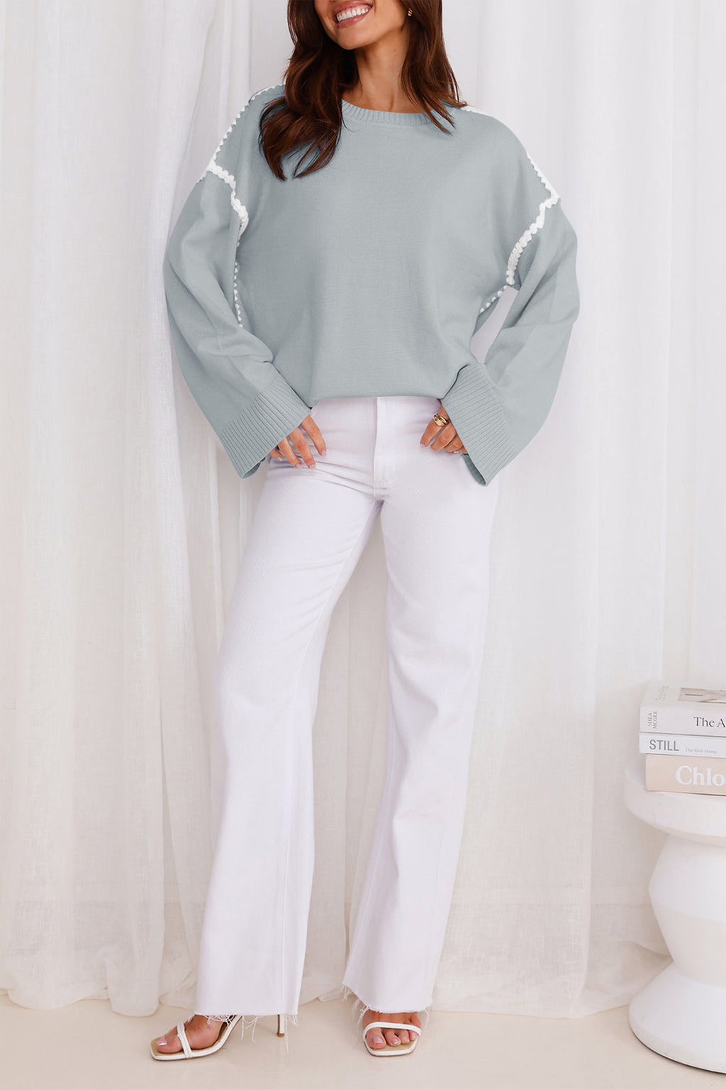 Cakulo Women's Oversized Sweaters Loose Fit Fall Crewneck Color Block Knit Pullover Sweater Tops