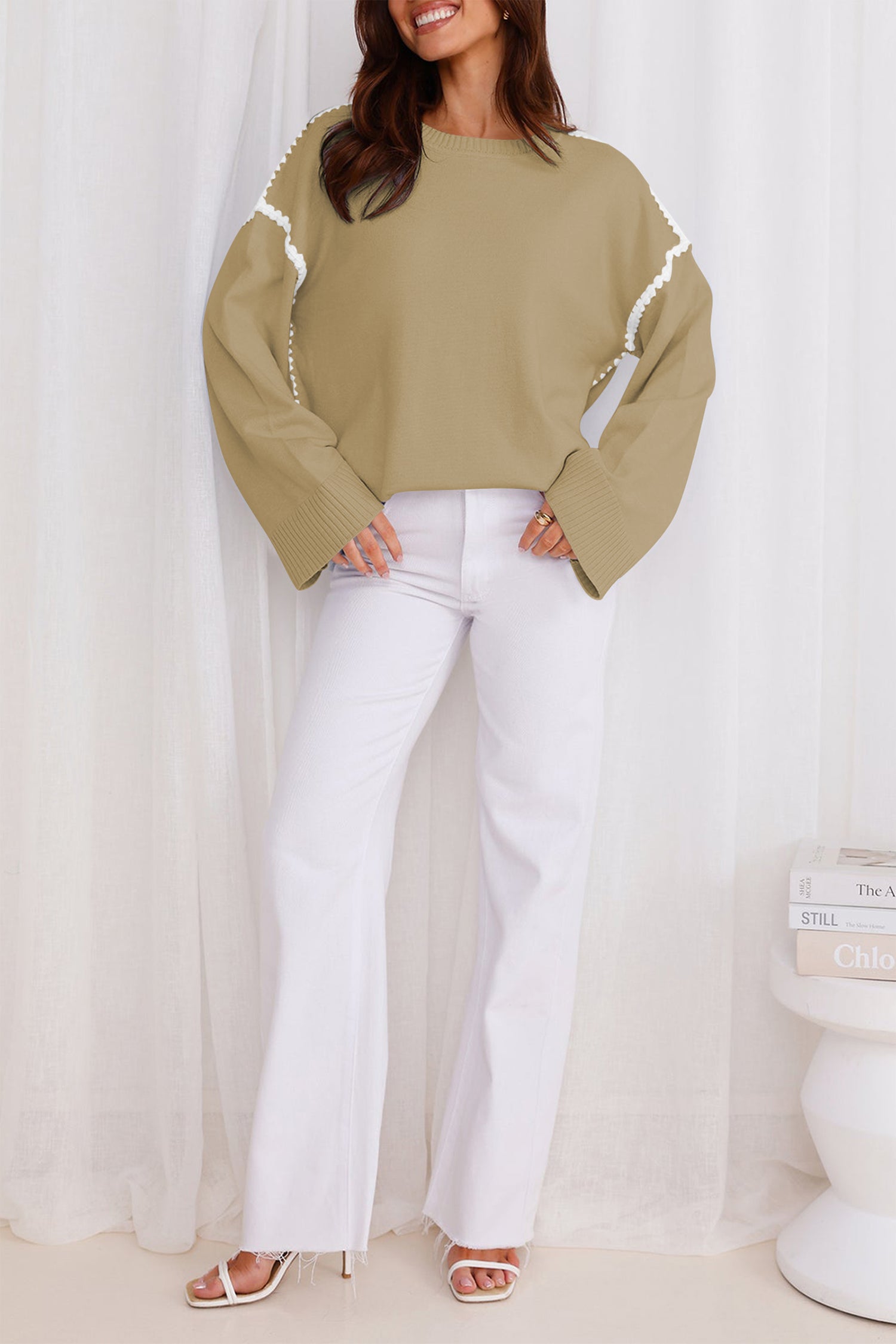 Cakulo Women's Oversized Sweaters Loose Fit Fall Crewneck Color Block Knit Pullover Sweater Tops