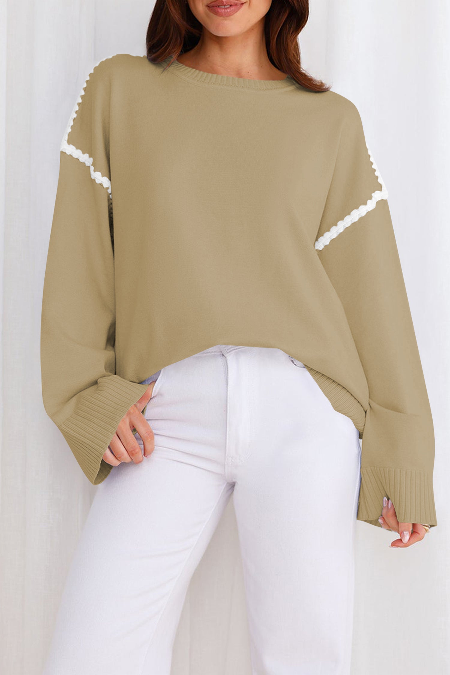 Cakulo Women's Oversized Sweaters Loose Fit Fall Crewneck Color Block Knit Pullover Sweater Tops
