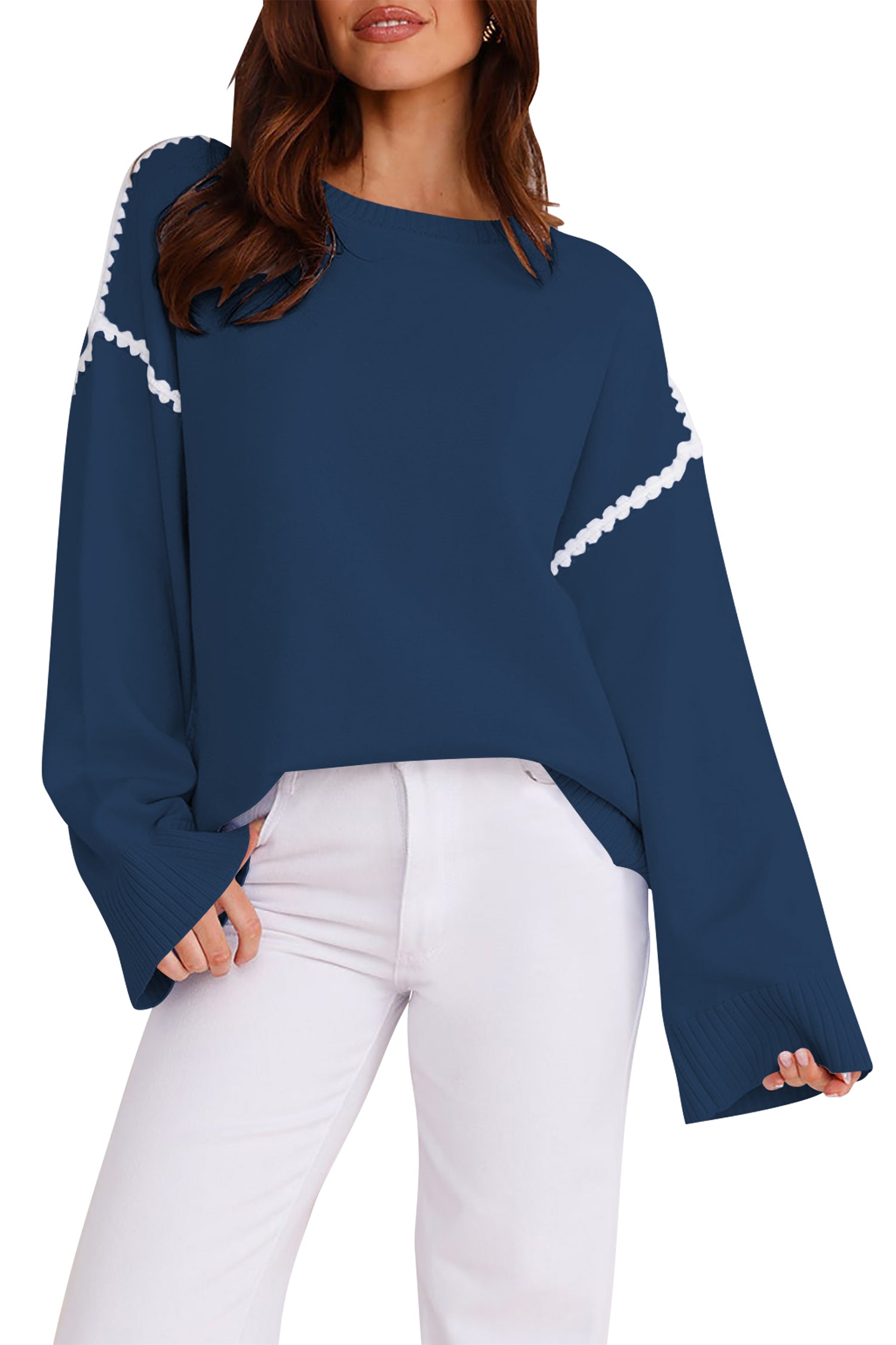 Cakulo Women's Oversized Sweaters Loose Fit Fall Crewneck Color Block Knit Pullover Sweater Tops