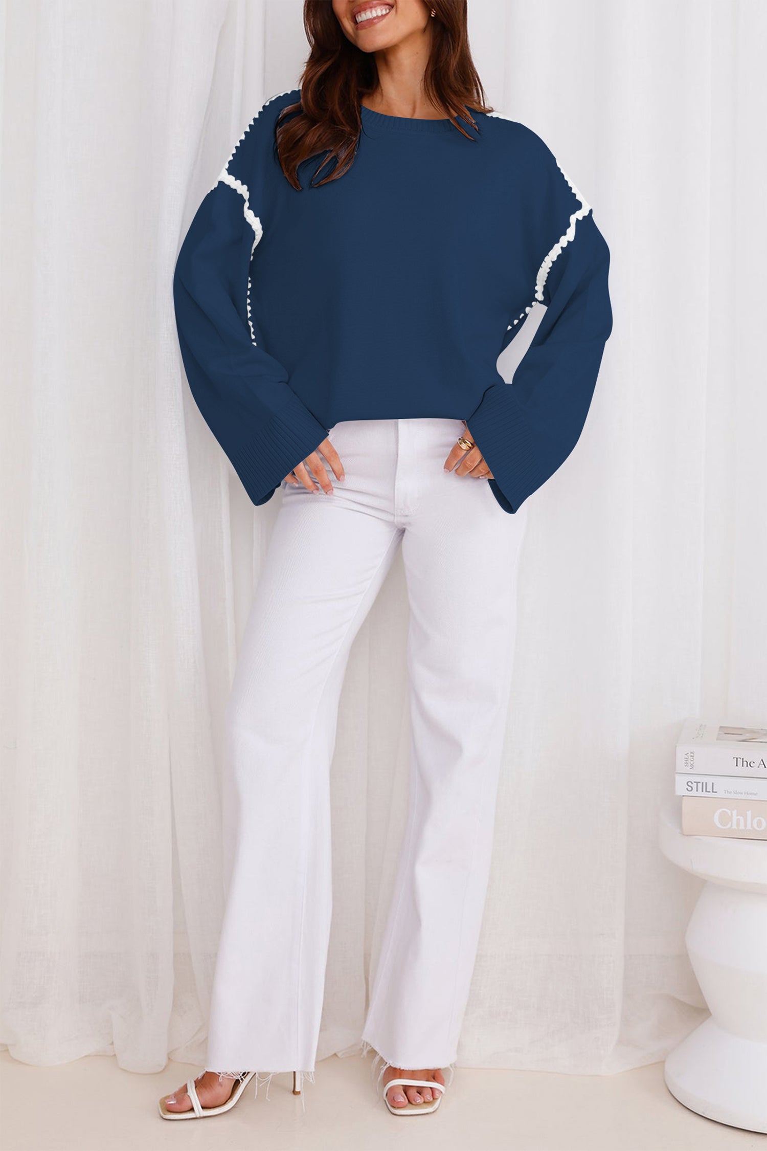 Cakulo Women's Oversized Sweaters Loose Fit Fall Crewneck Color Block Knit Pullover Sweater Tops