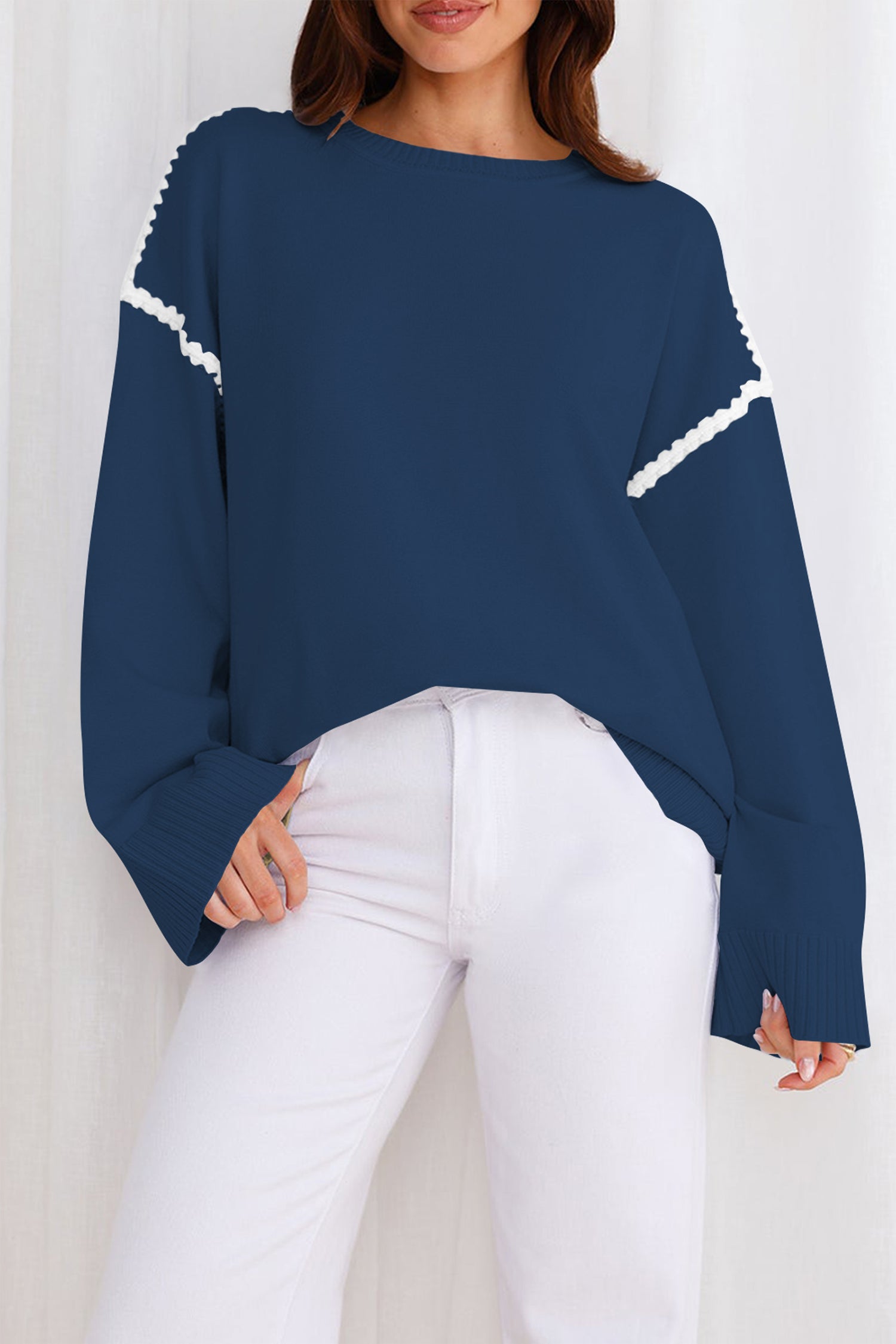 Cakulo Women's Oversized Sweaters Loose Fit Fall Crewneck Color Block Knit Pullover Sweater Tops