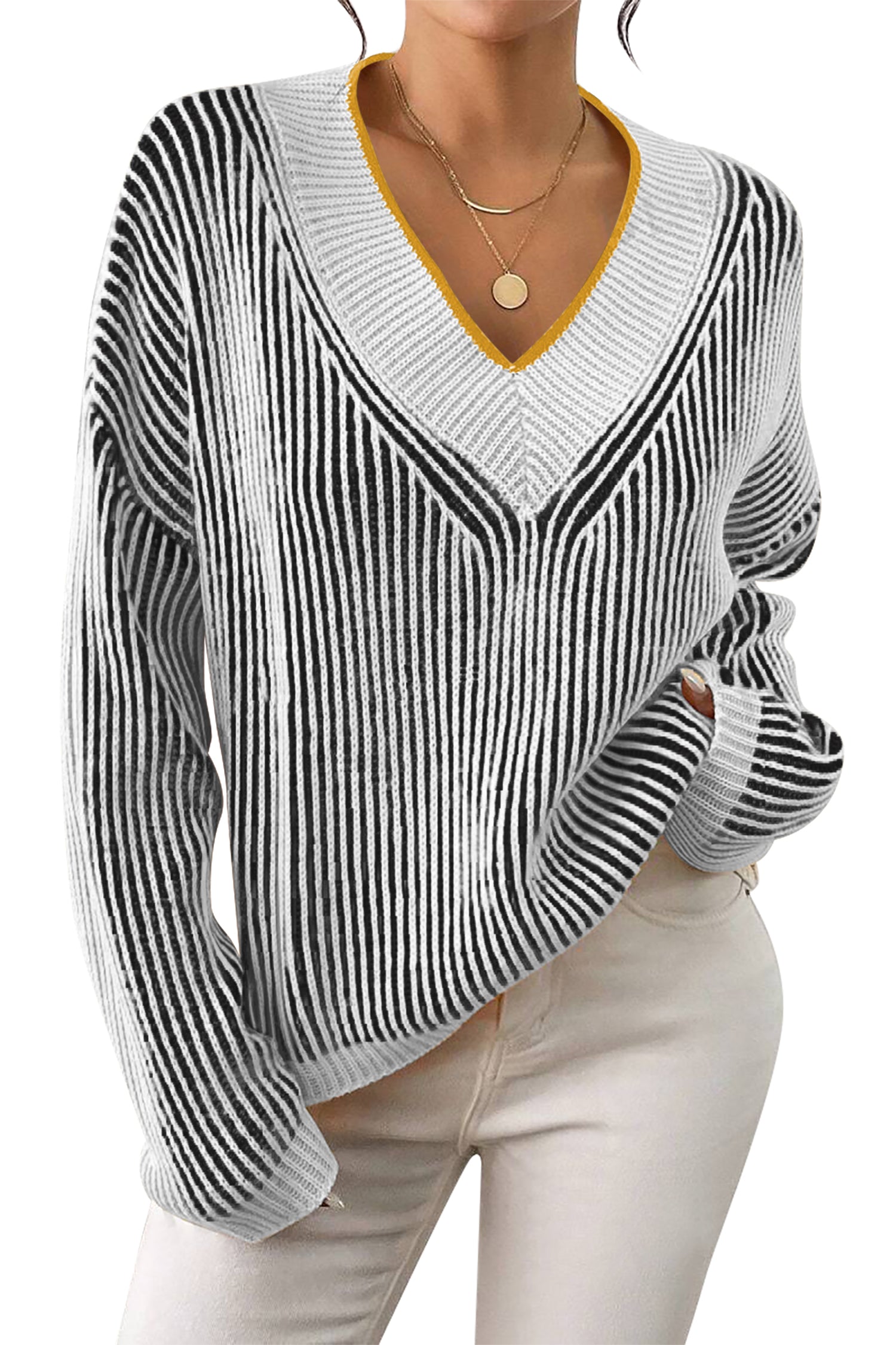 Cakulo Women's Fall Oversized Striped V-Neck Knit Sweater