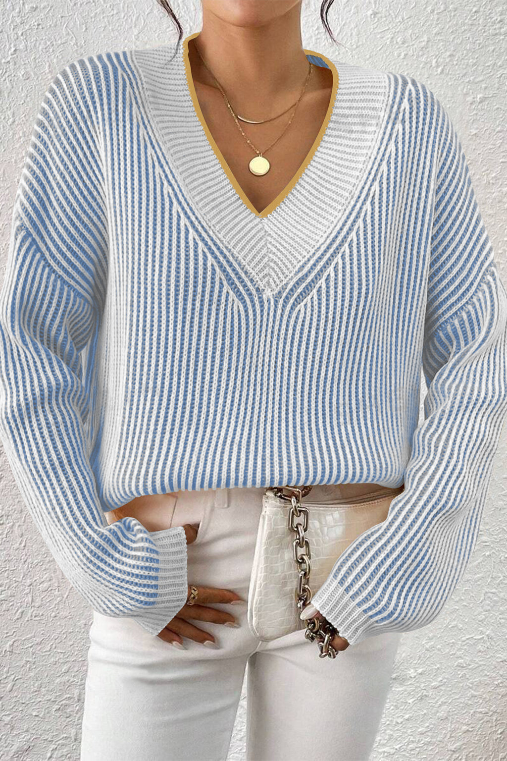 Cakulo Women's Fall Oversized Striped V-Neck Knit Sweater