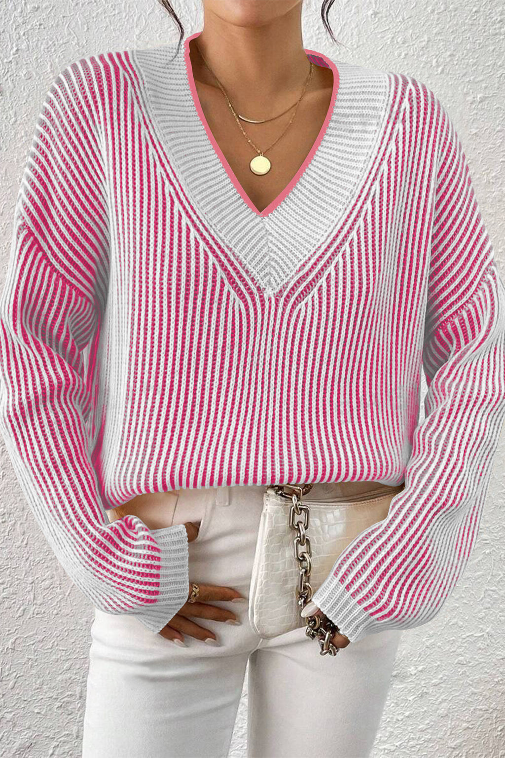 Cakulo Women's Fall Oversized Striped V-Neck Knit Sweater