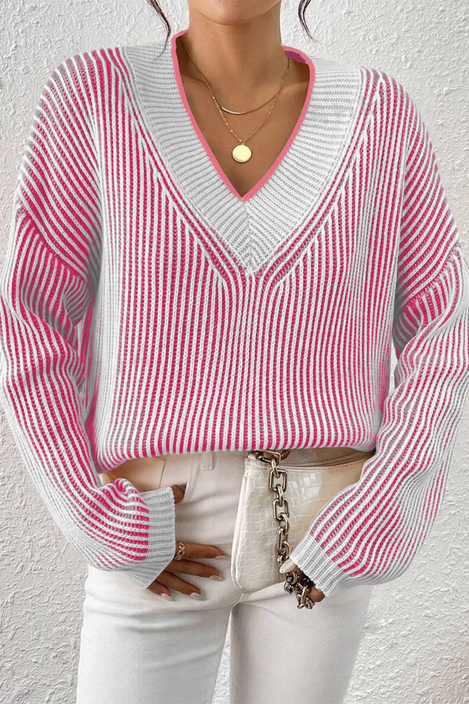 Cakulo Women's Fall Oversized Striped V-Neck Knit Sweater