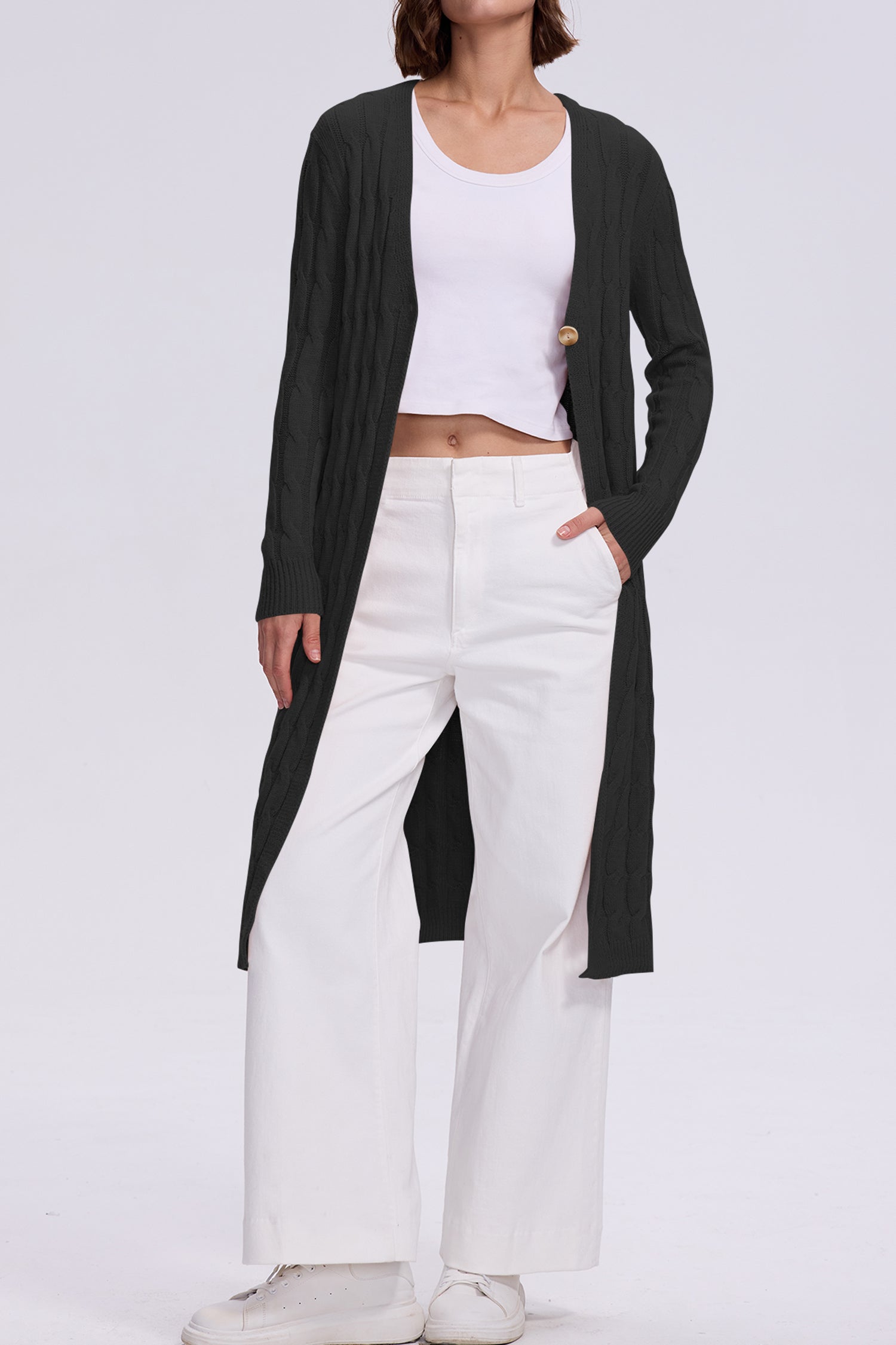 Cakulo Women's Long Cable Knit Front-Open Cardigan Sweater Coat