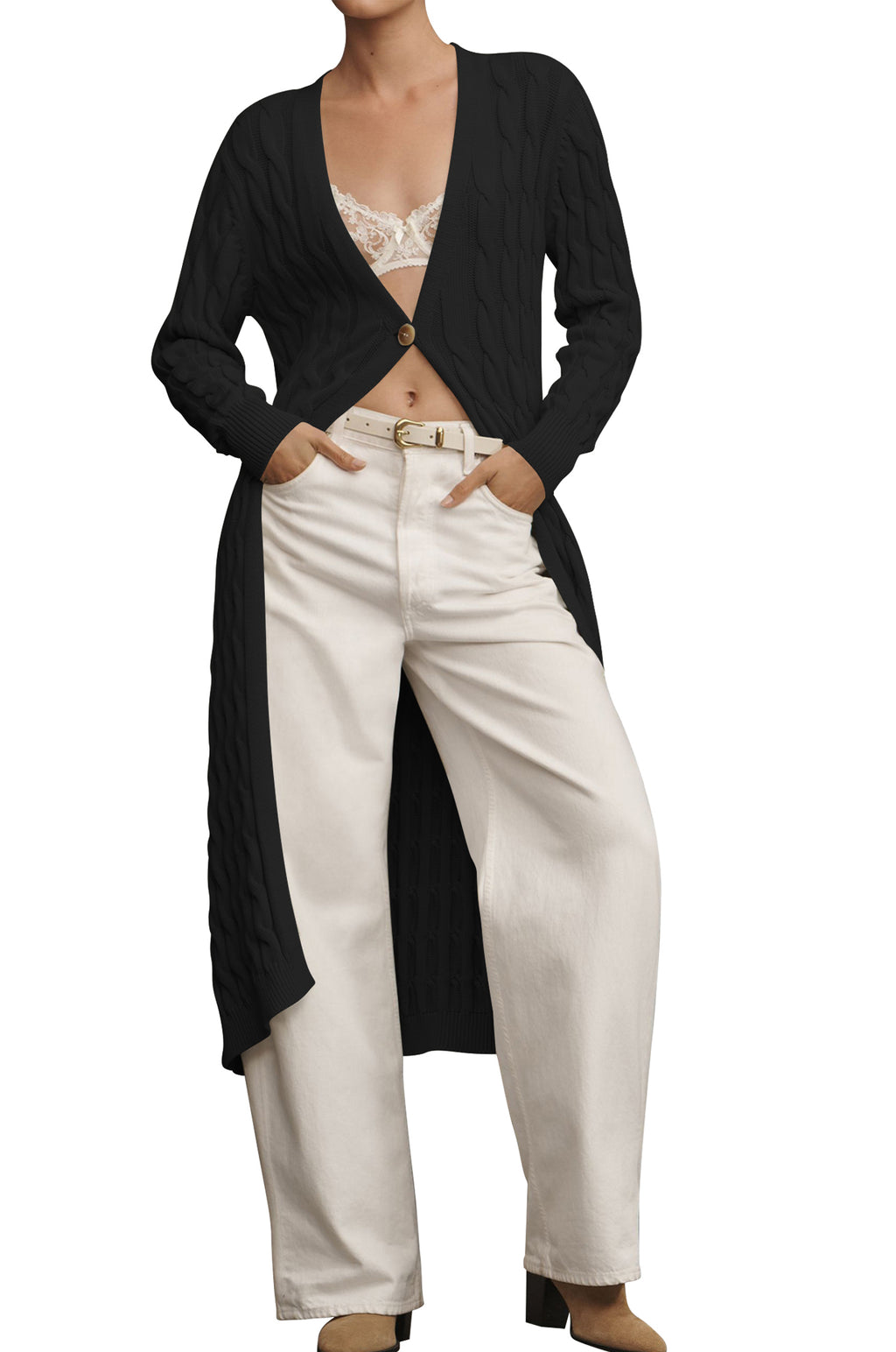 Cakulo Women's Long Cable Knit Front-Open Cardigan Sweater Coat
