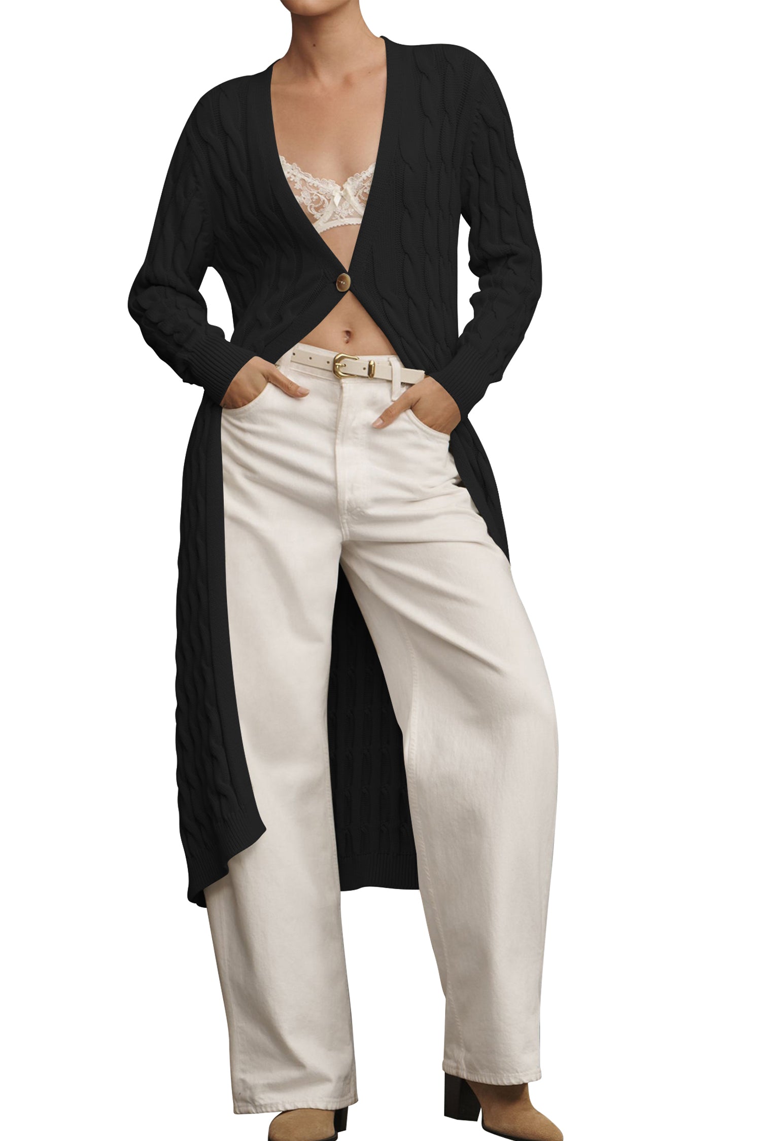 Cakulo Women's Long Cable Knit Front-Open Cardigan Sweater Coat