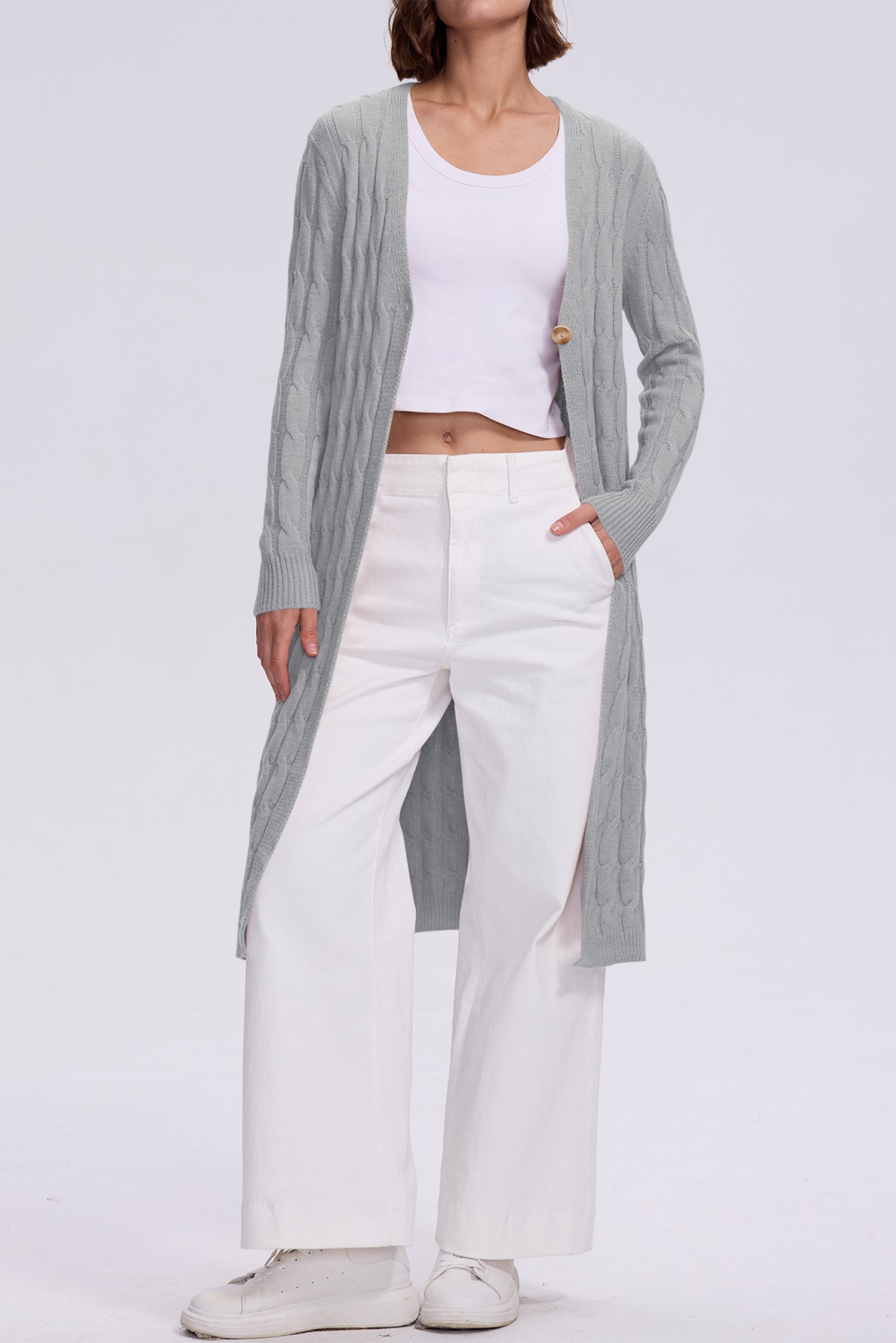 Cakulo Women's Long Cable Knit Front-Open Cardigan Sweater Coat