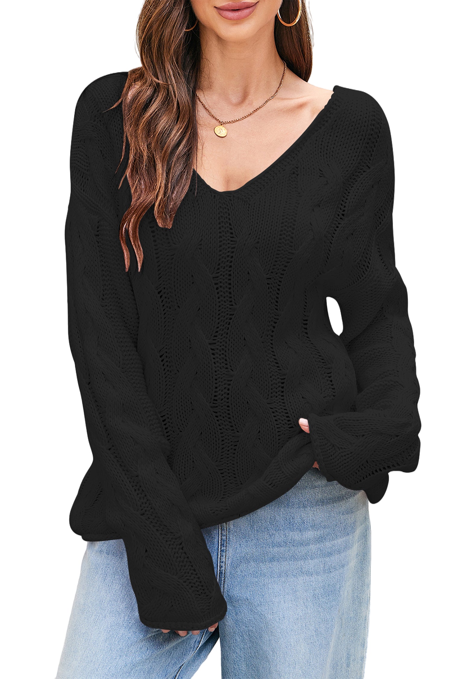 Cakulo Womens 2025 Oversized V - Neck Off - Shoulder Cable Knit Sweater