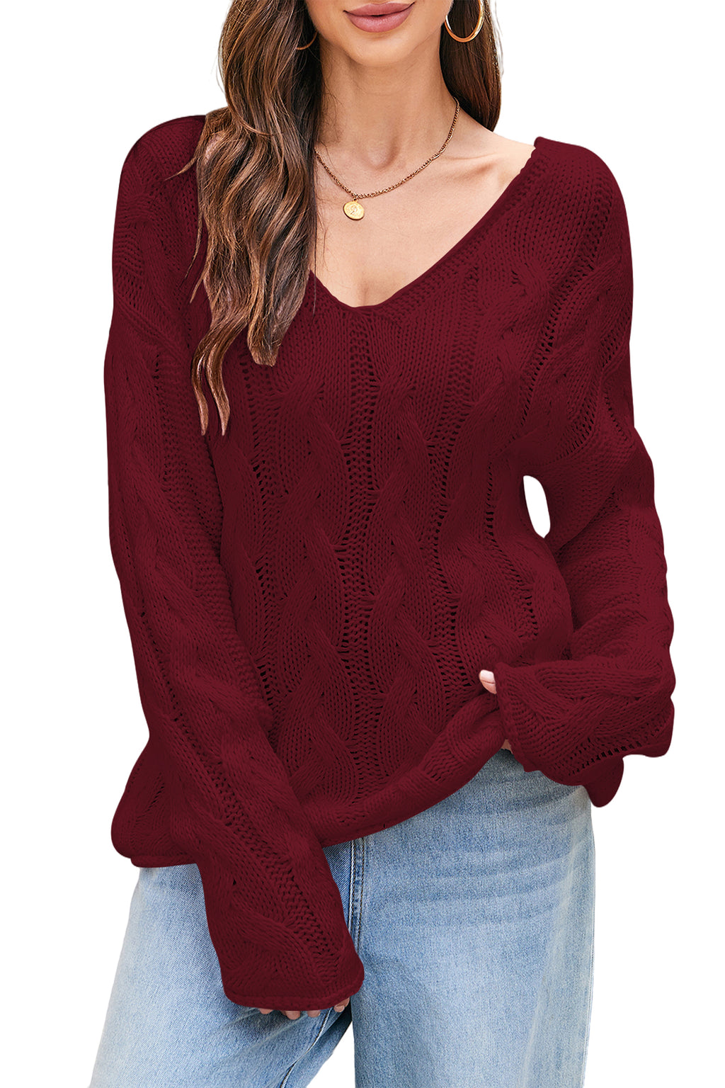 Cakulo Womens 2025 Oversized V - Neck Off - Shoulder Cable Knit Sweater