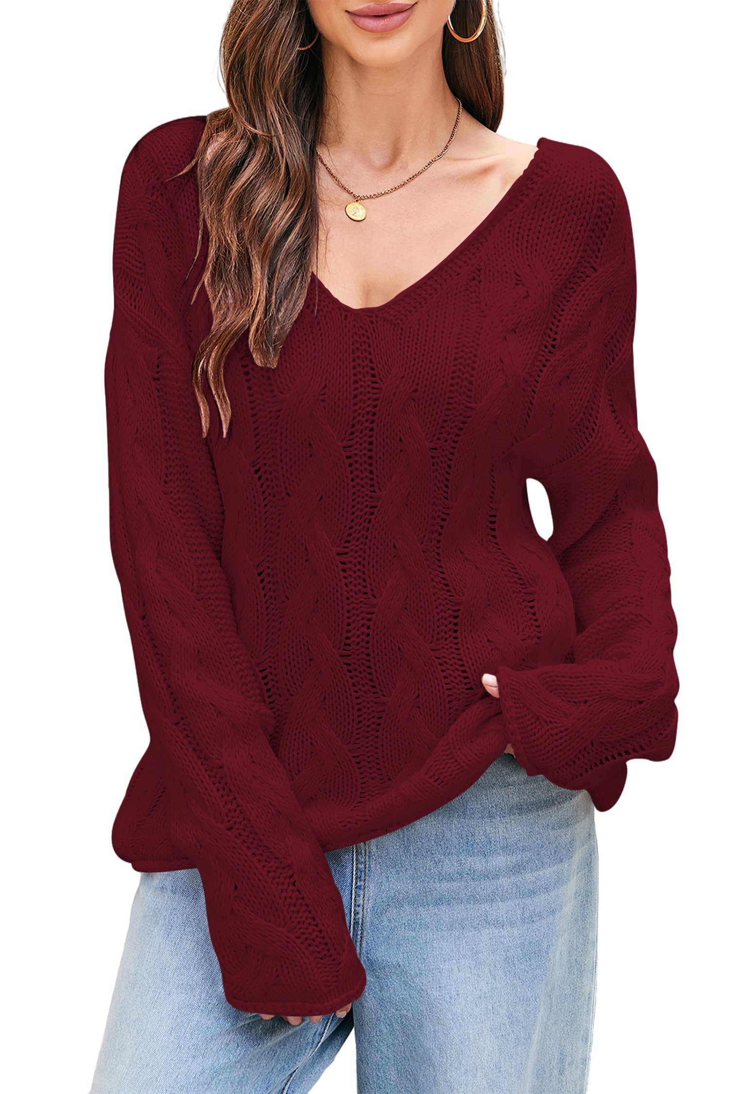 Cakulo Womens 2025 Oversized V - Neck Off - Shoulder Cable Knit Sweater