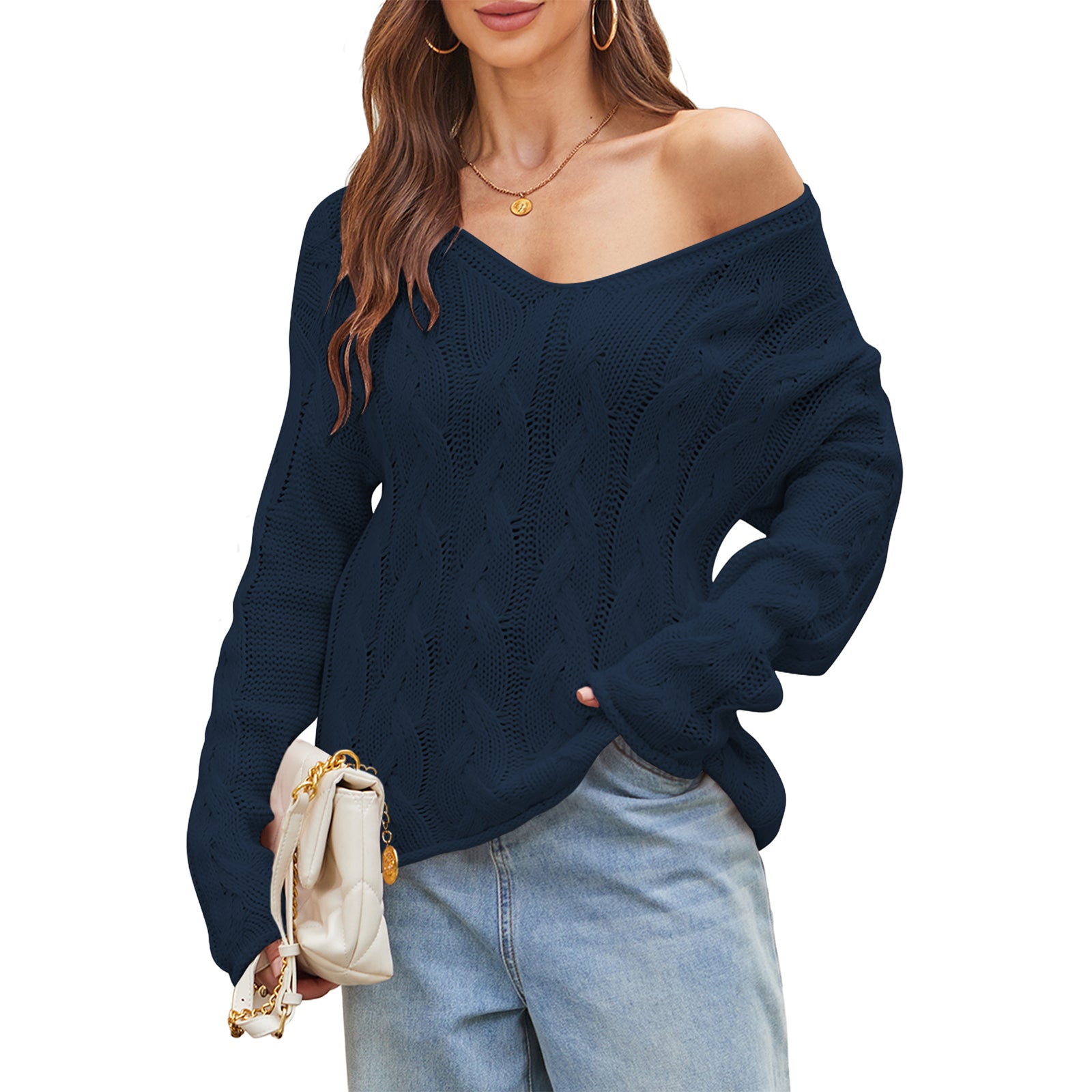 Cakulo Womens 2025 Oversized V - Neck Off - Shoulder Cable Knit Sweater