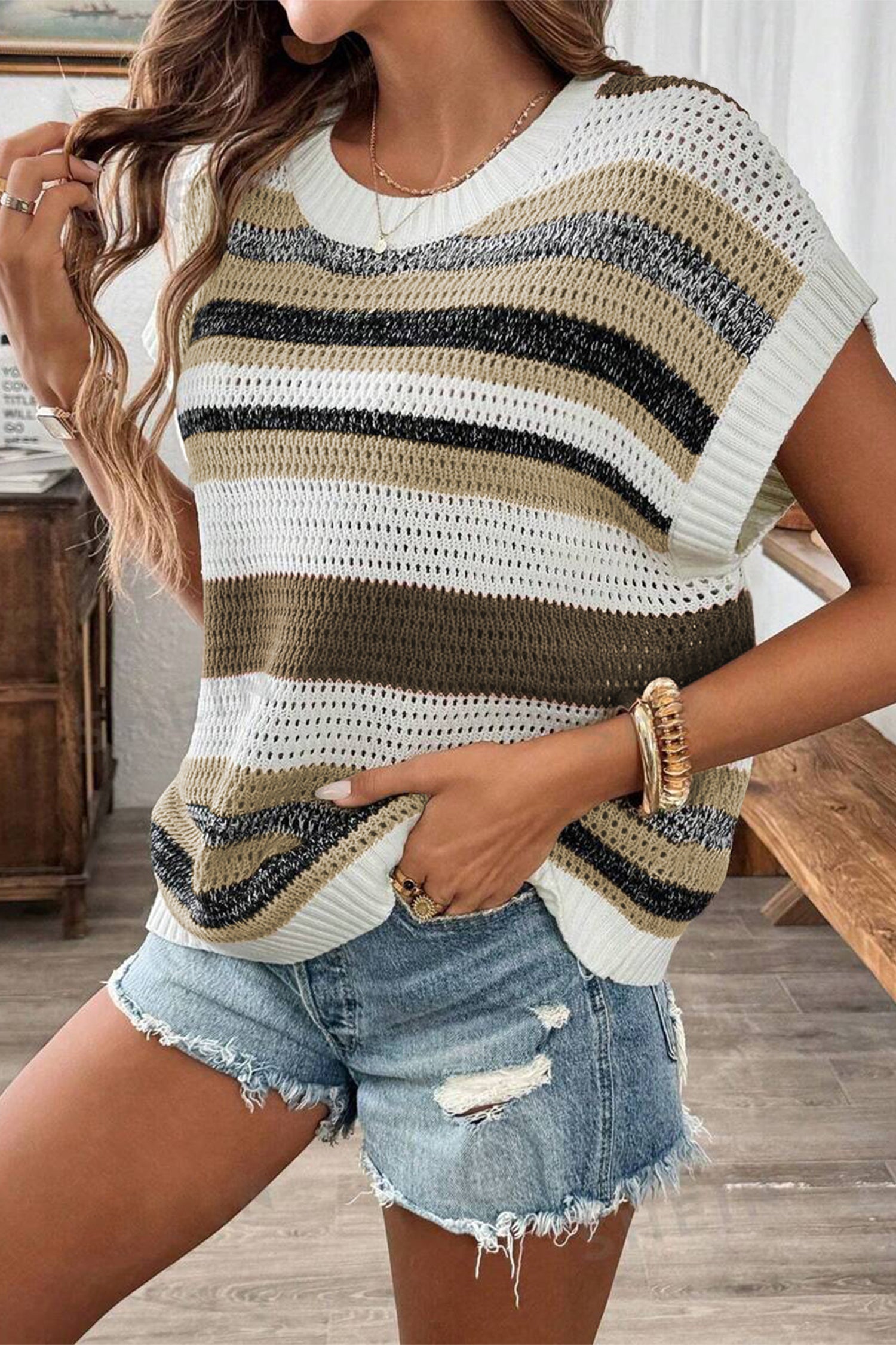Cakulo Women's Summer Striped Color Block Sleeveless Knit Top