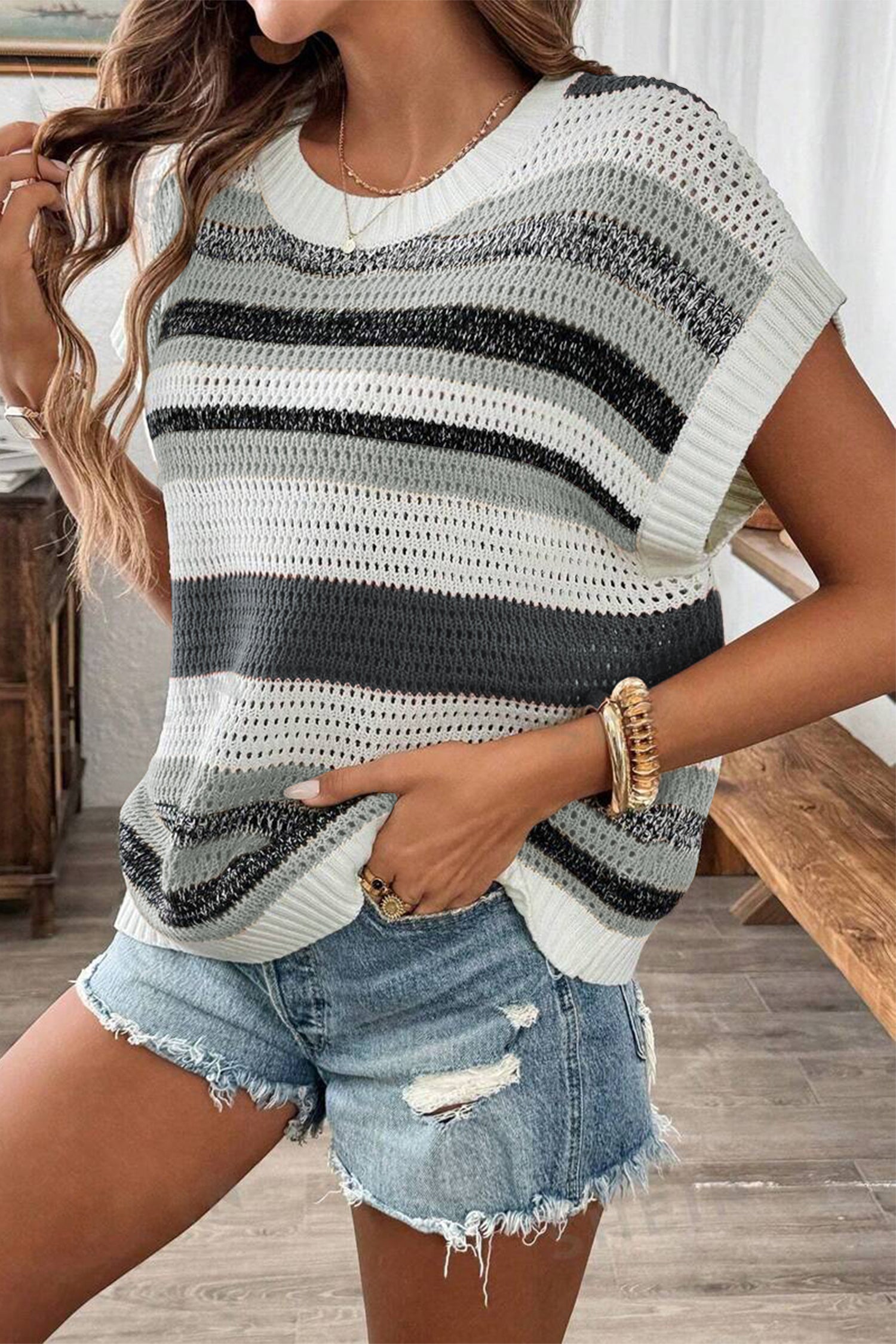 Cakulo Women's Summer Striped Color Block Sleeveless Knit Top