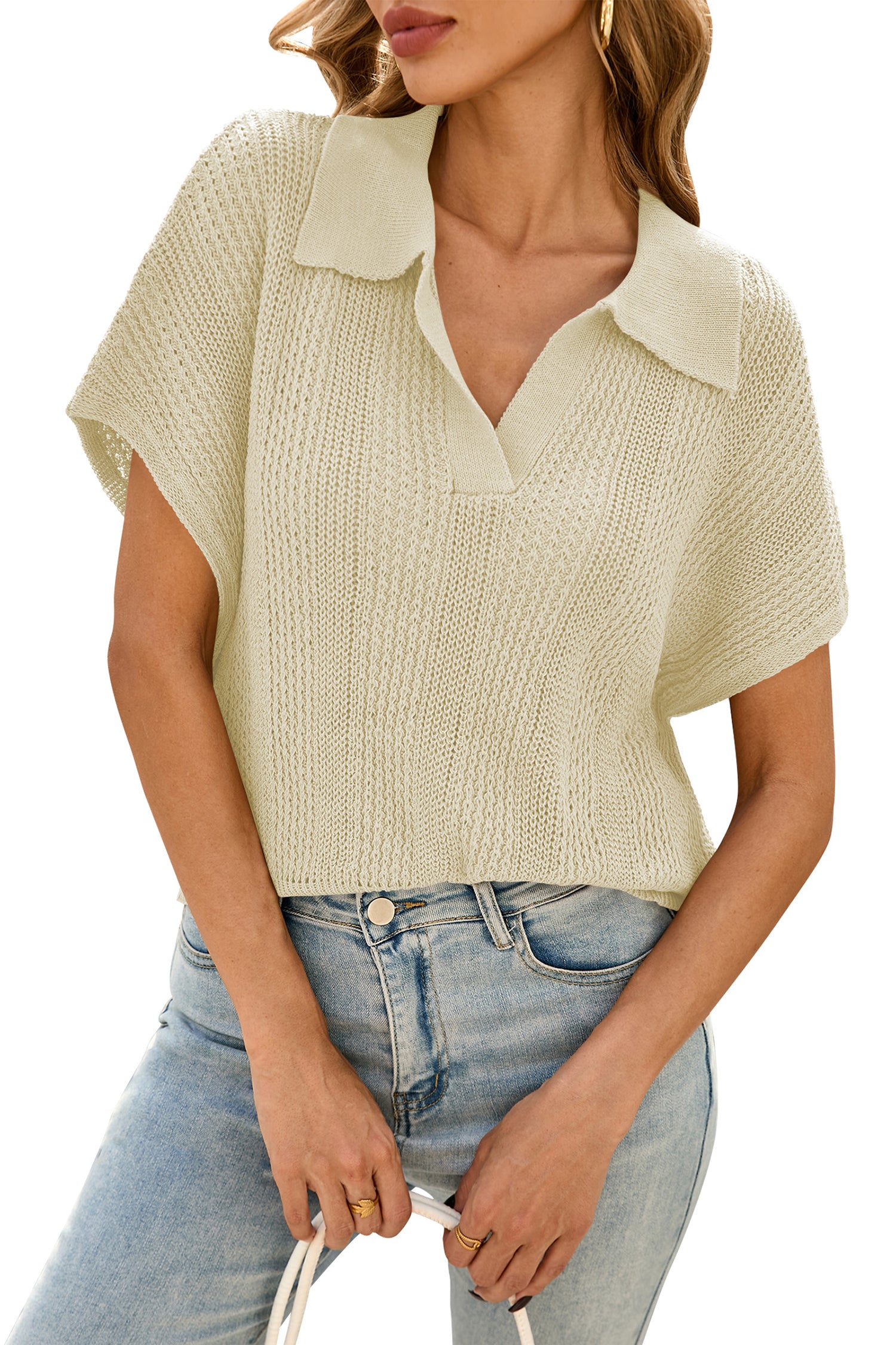 Cakulo Women's Spring-Summer Crochet Short Sleeve Polo Sweater V Neck Hollow Out
