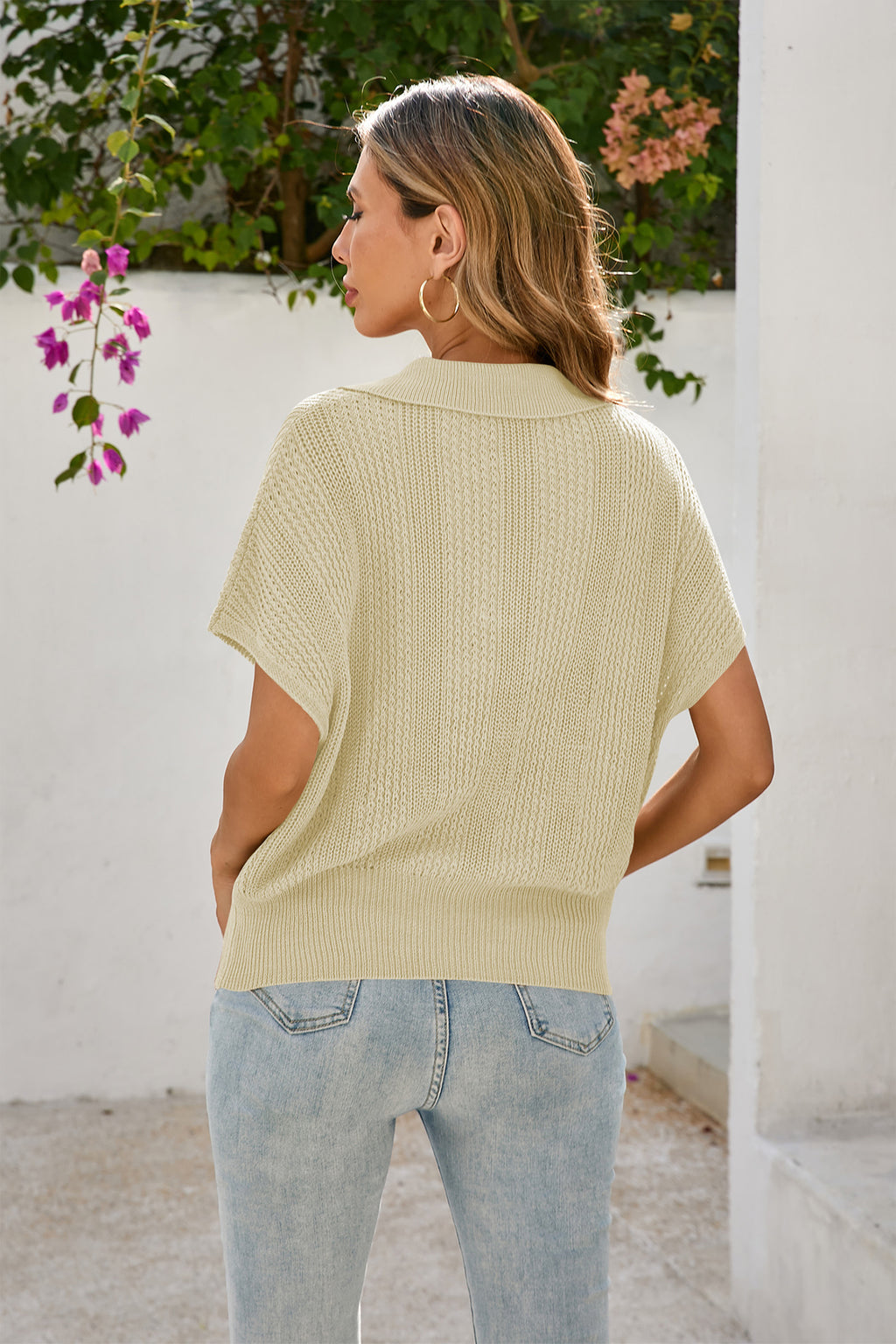 Cakulo Women's Spring-Summer Crochet Short Sleeve Polo Sweater V Neck Hollow Out