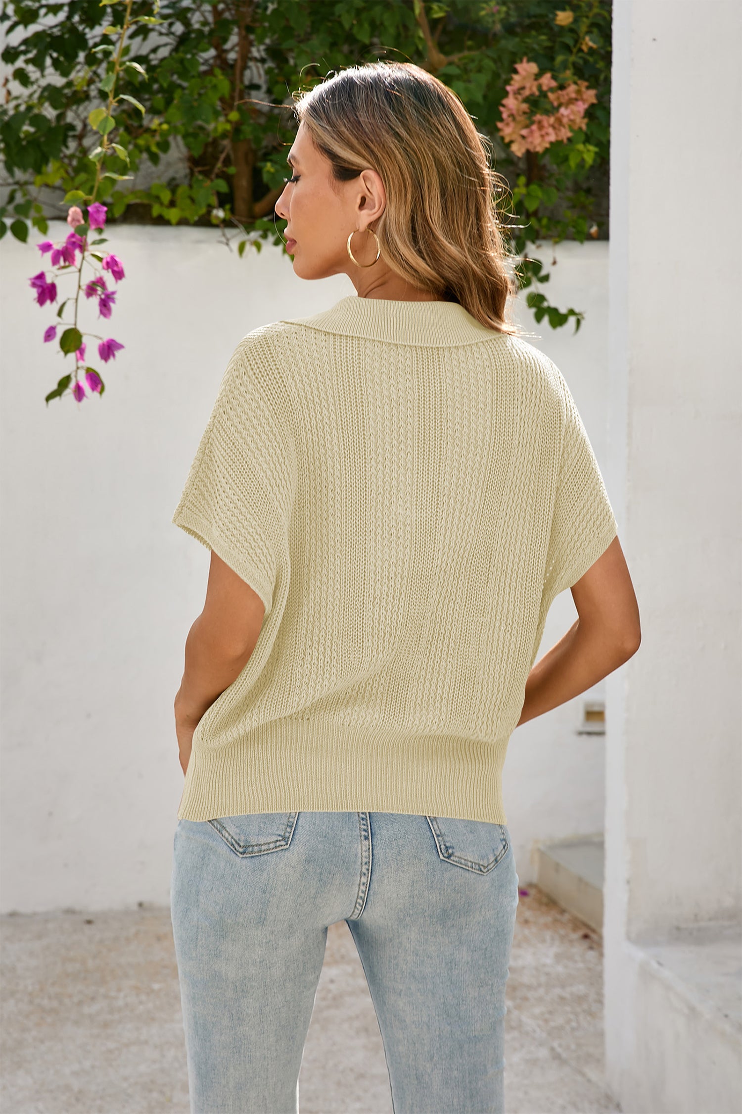 Cakulo Women's Spring-Summer Crochet Short Sleeve Polo Sweater V Neck Hollow Out