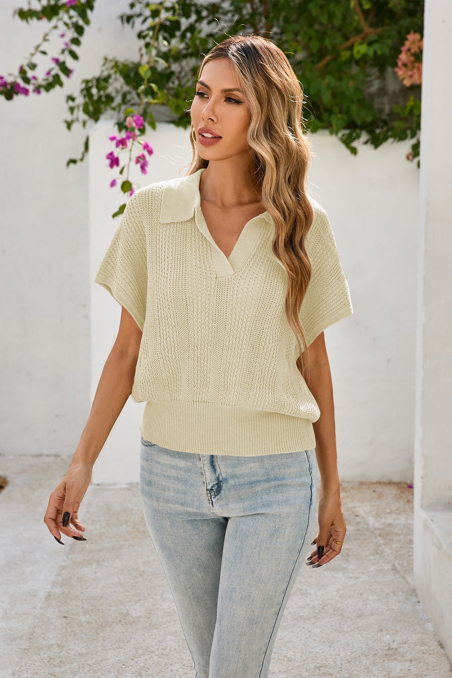 Cakulo Women's Spring-Summer Crochet Short Sleeve Polo Sweater V Neck Hollow Out
