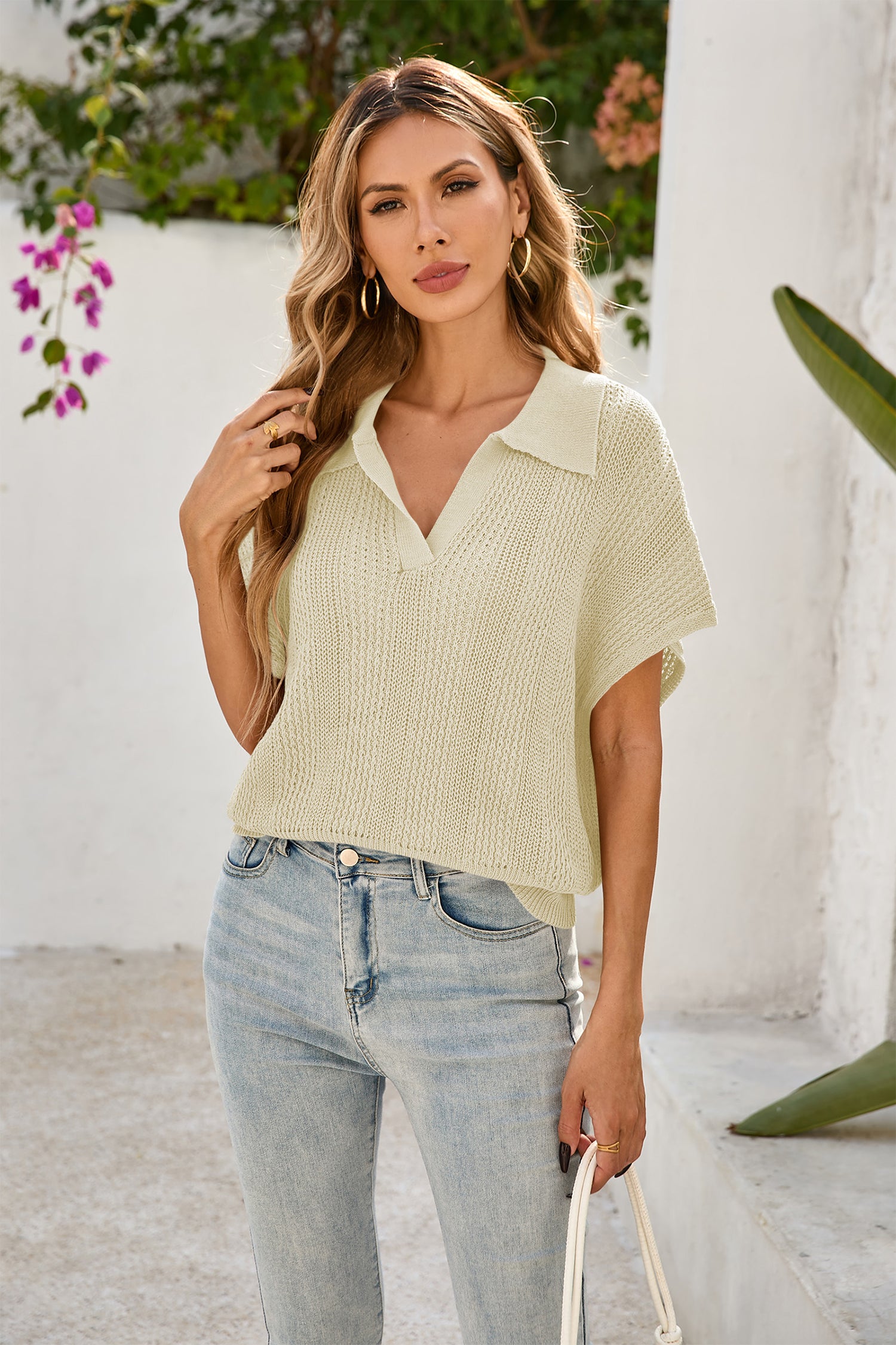 Cakulo Women's Spring-Summer Crochet Short Sleeve Polo Sweater V Neck Hollow Out