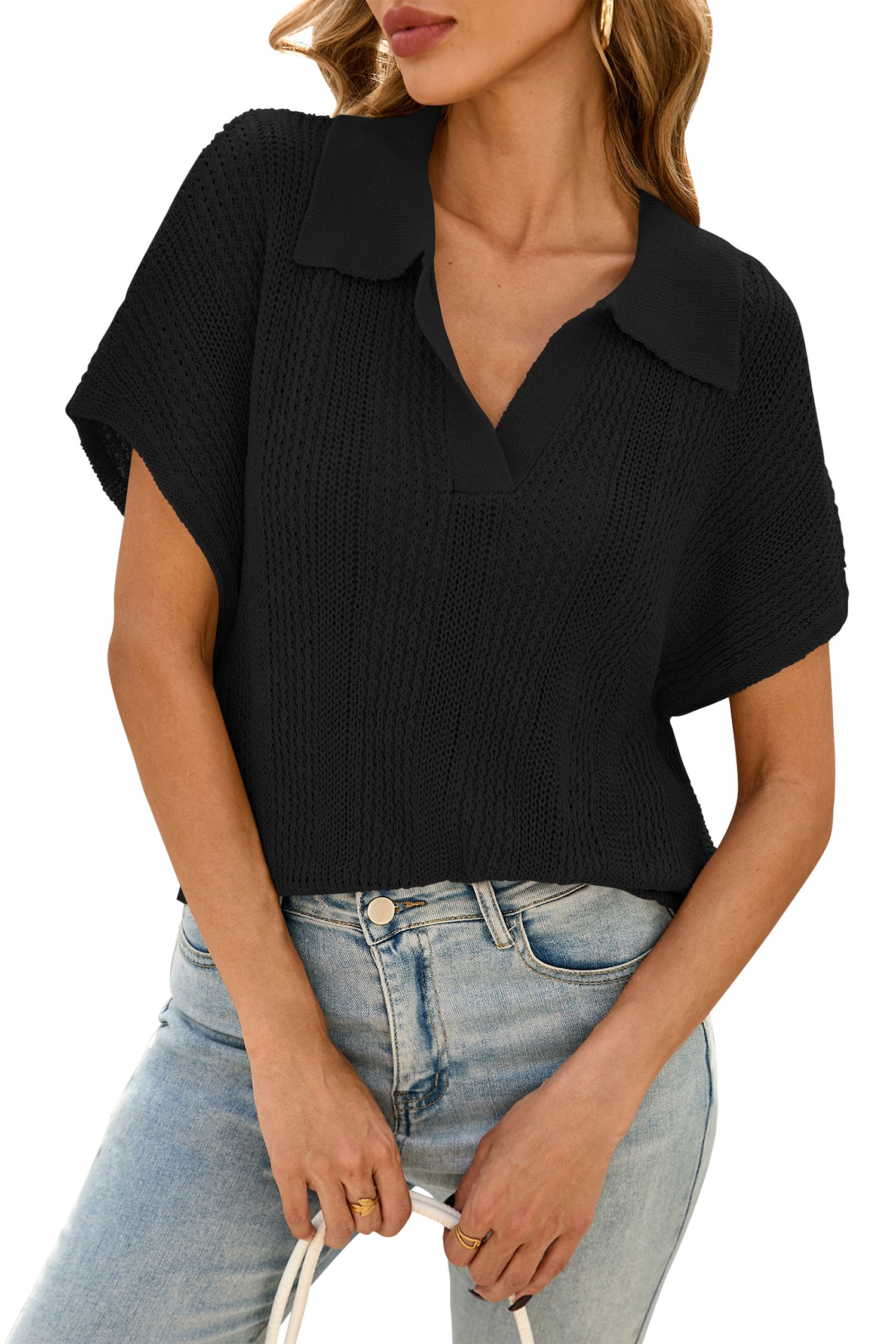 Cakulo Women's Spring-Summer Crochet Short Sleeve Polo Sweater V Neck Hollow Out
