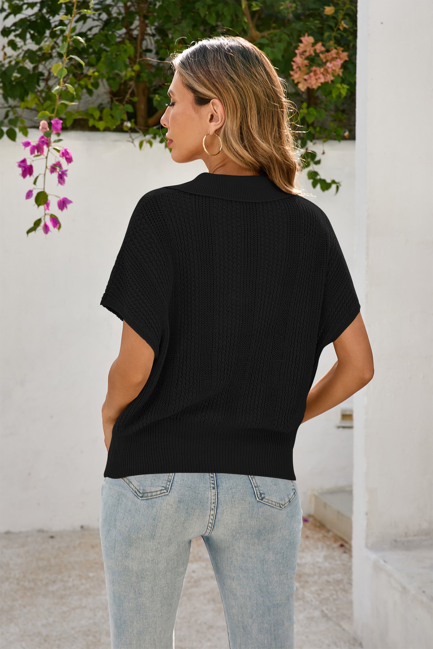 Cakulo Women's Spring-Summer Crochet Short Sleeve Polo Sweater V Neck Hollow Out