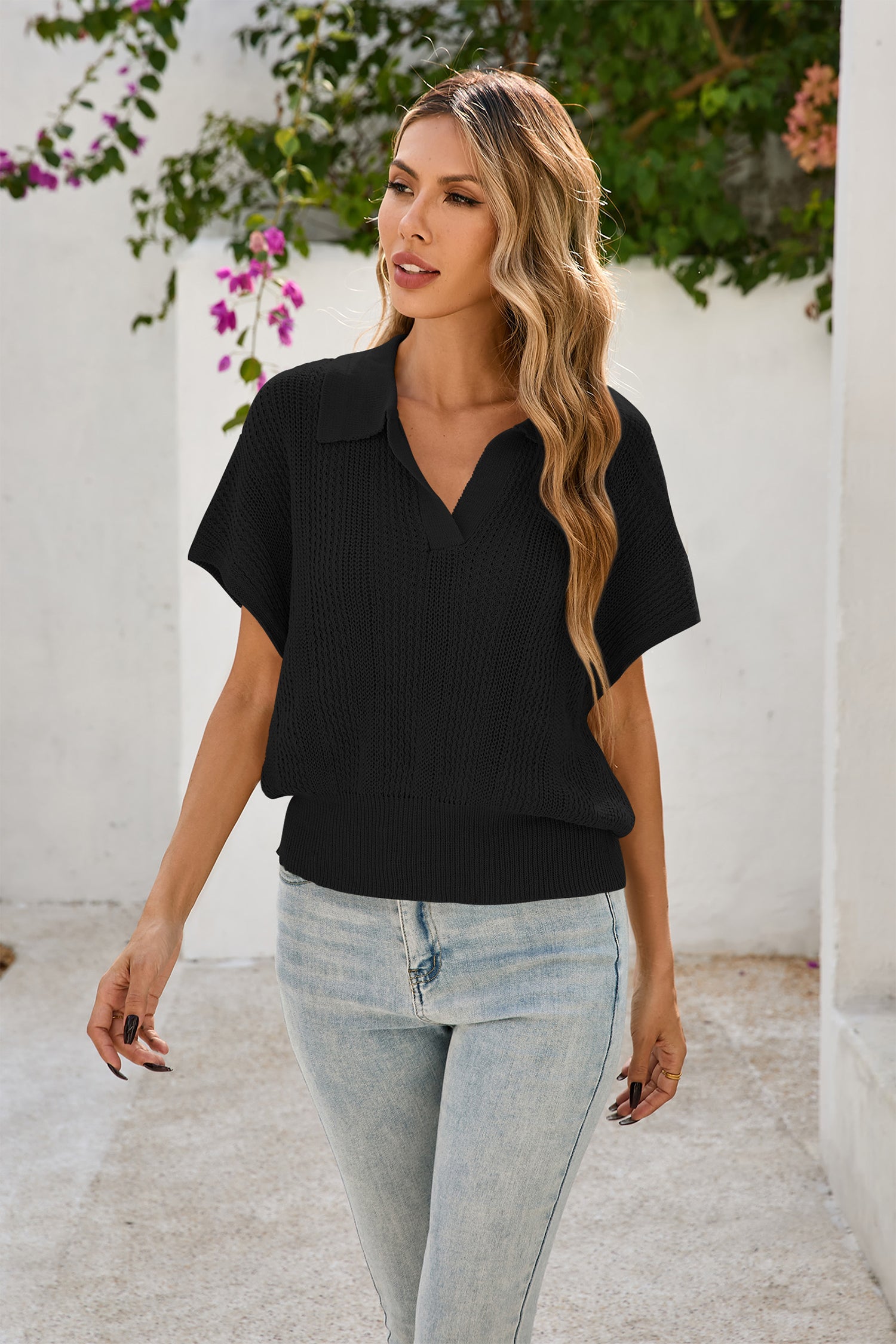 Cakulo Women's Spring-Summer Crochet Short Sleeve Polo Sweater V Neck Hollow Out