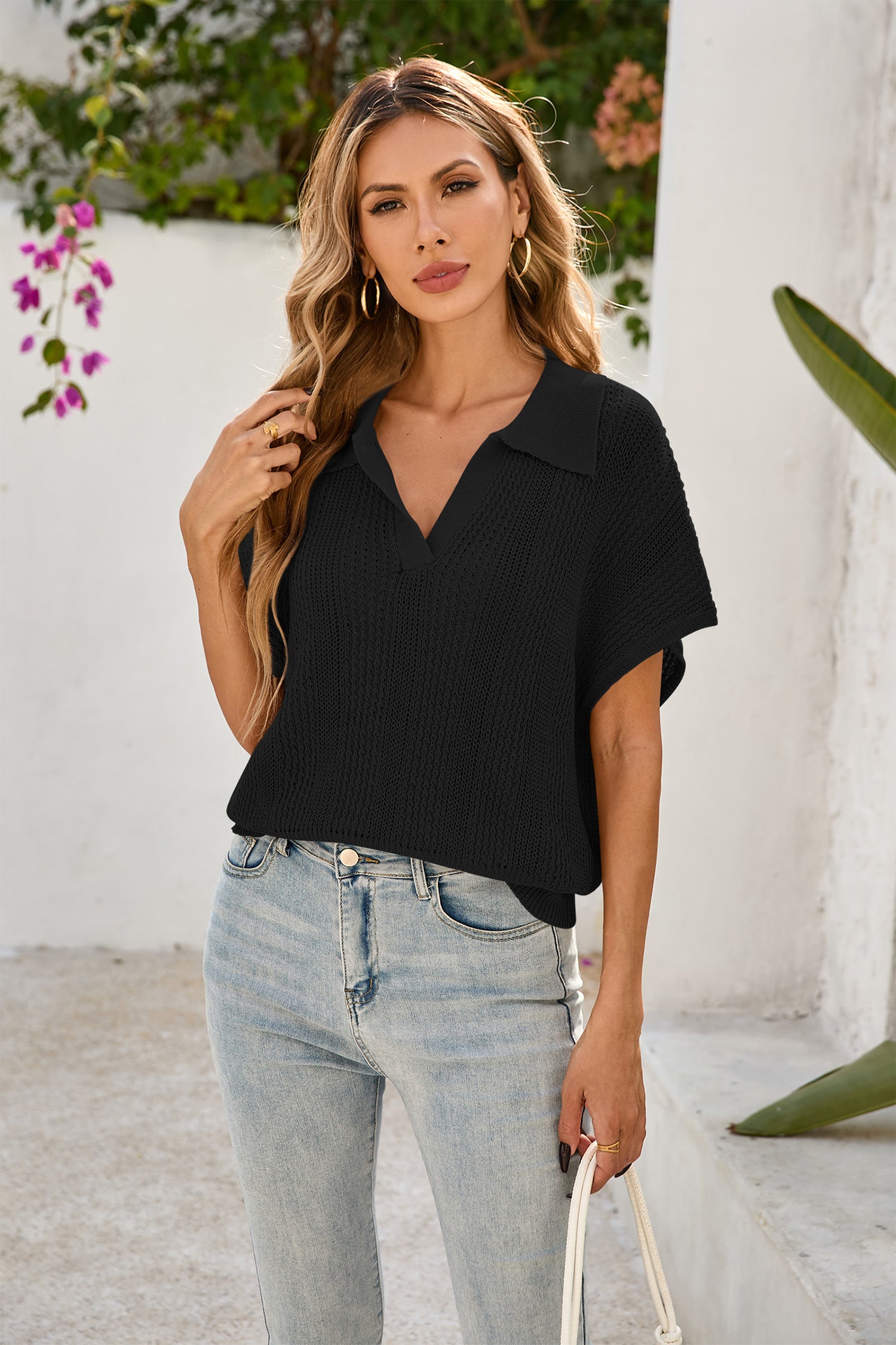Cakulo Women's Spring-Summer Crochet Short Sleeve Polo Sweater V Neck Hollow Out