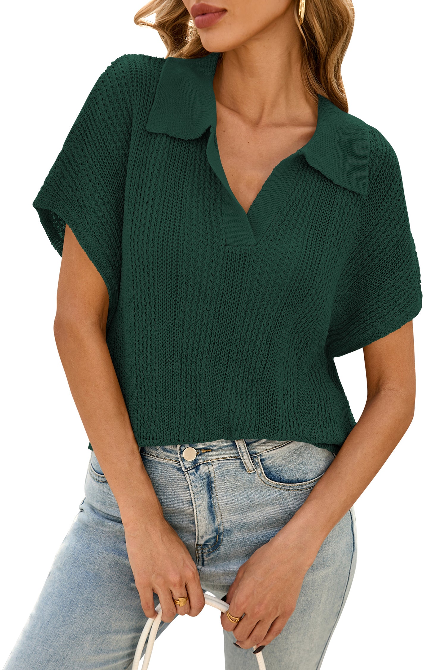 Cakulo Women's Spring-Summer Crochet Short Sleeve Polo Sweater V Neck Hollow Out