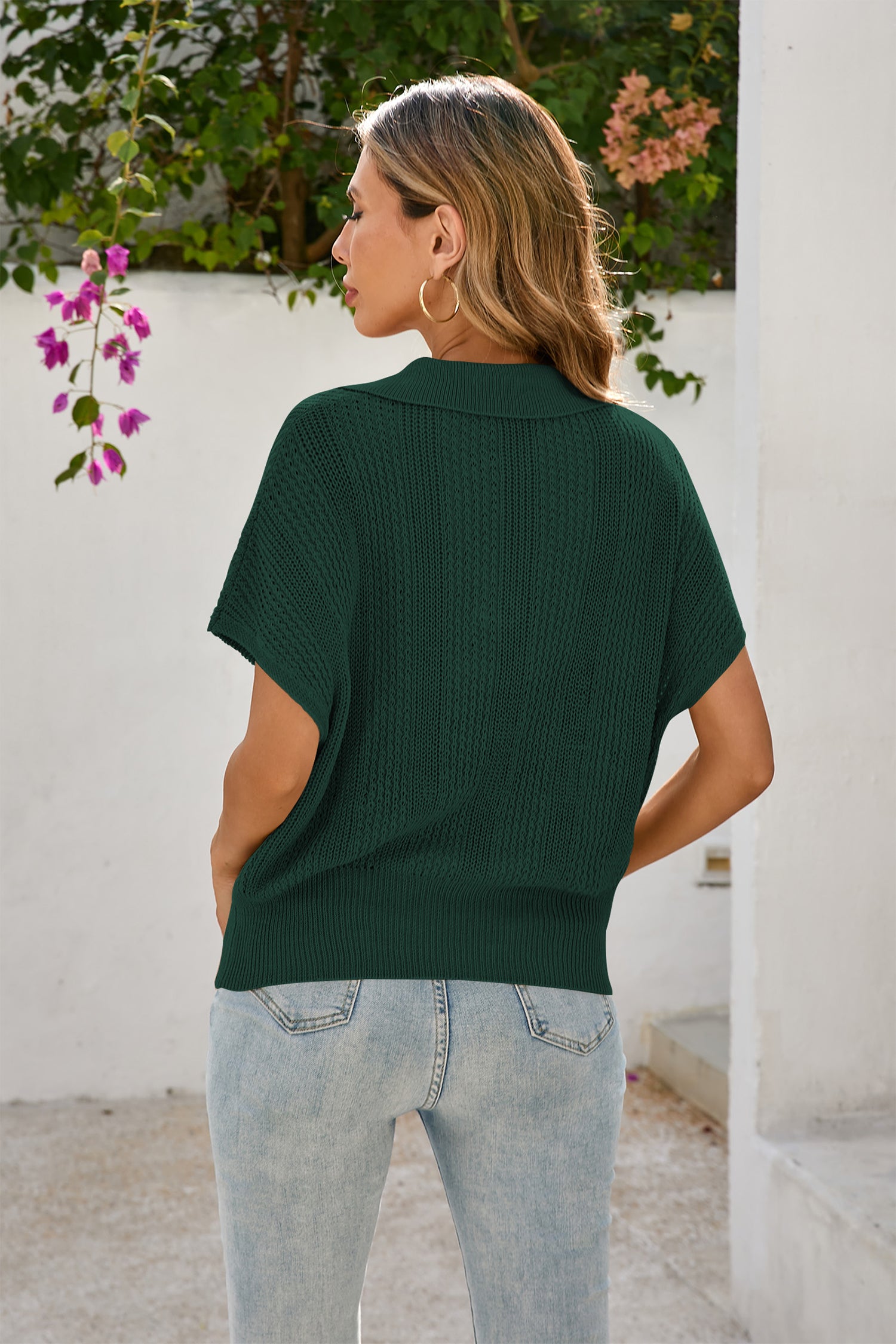 Cakulo Women's Spring-Summer Crochet Short Sleeve Polo Sweater V Neck Hollow Out