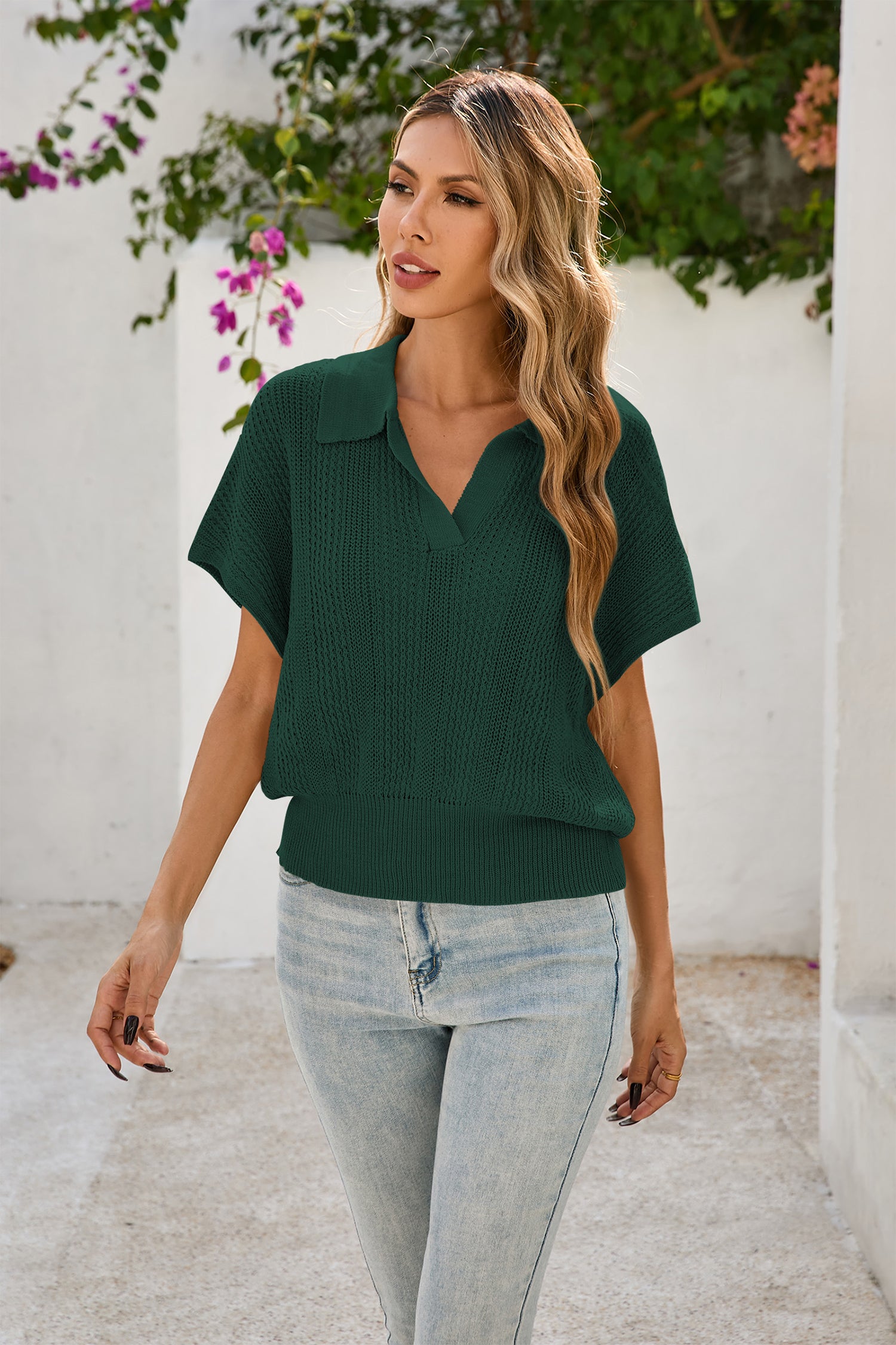 Cakulo Women's Spring-Summer Crochet Short Sleeve Polo Sweater V Neck Hollow Out