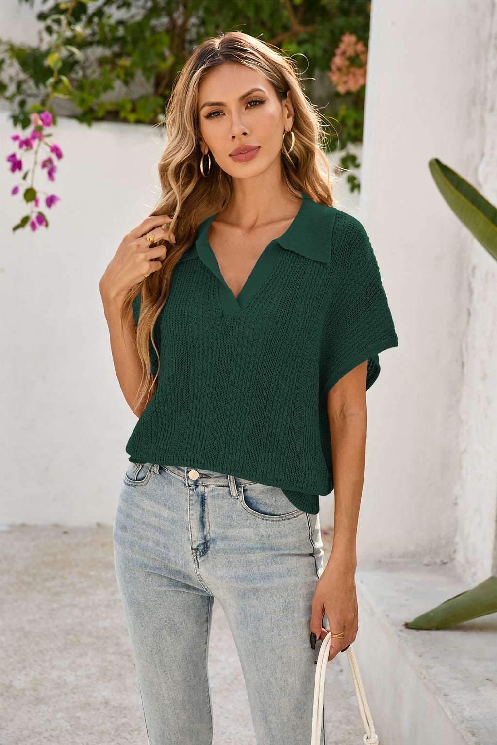 Cakulo Women's Spring-Summer Crochet Short Sleeve Polo Sweater V Neck Hollow Out