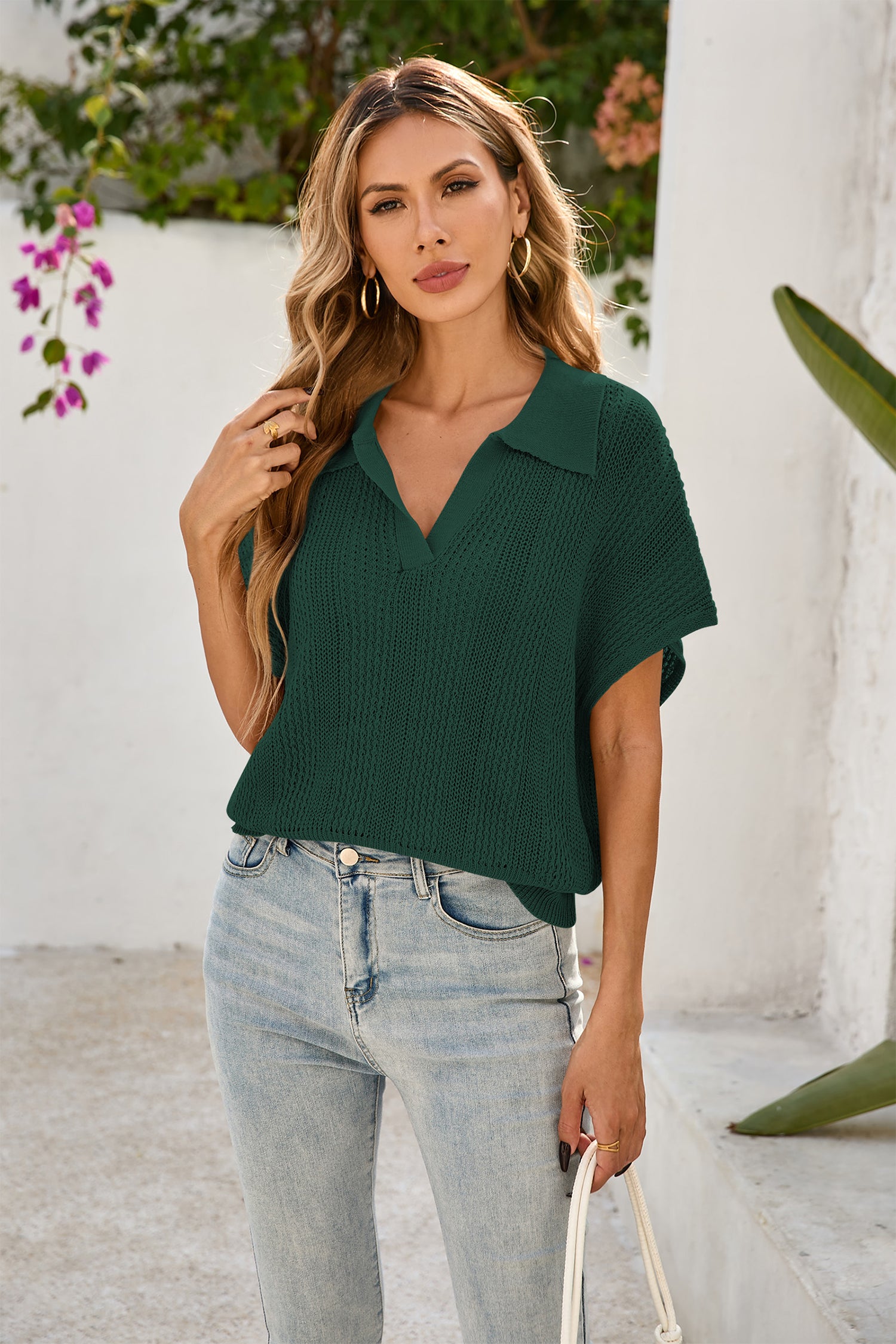 Cakulo Women's Spring-Summer Crochet Short Sleeve Polo Sweater V Neck Hollow Out