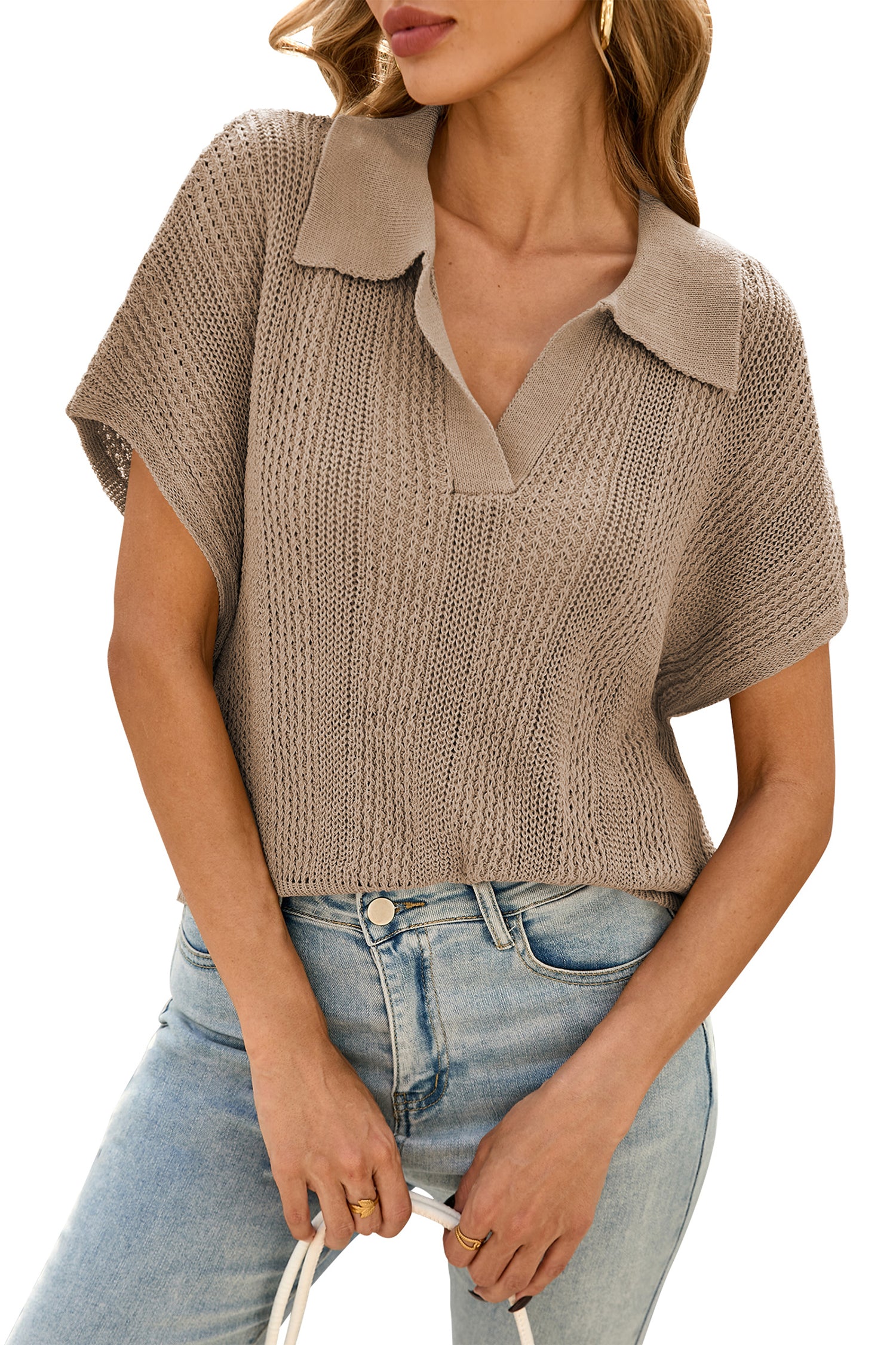 Cakulo Women's Spring-Summer Crochet Short Sleeve Polo Sweater V Neck Hollow Out