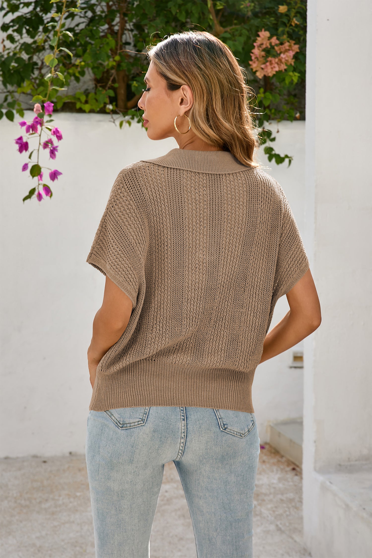 Cakulo Women's Spring-Summer Crochet Short Sleeve Polo Sweater V Neck Hollow Out
