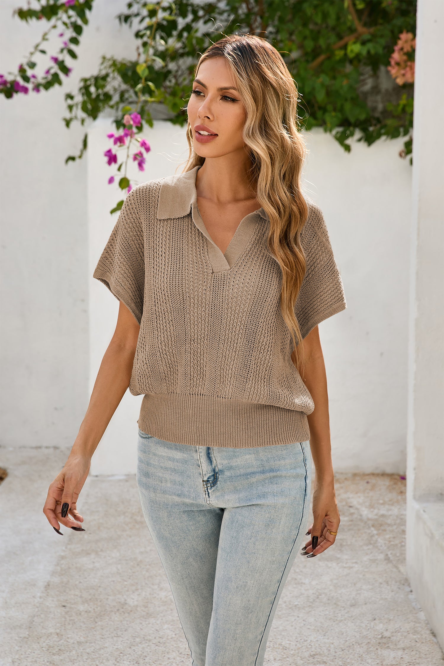 Cakulo Women's Spring-Summer Crochet Short Sleeve Polo Sweater V Neck Hollow Out