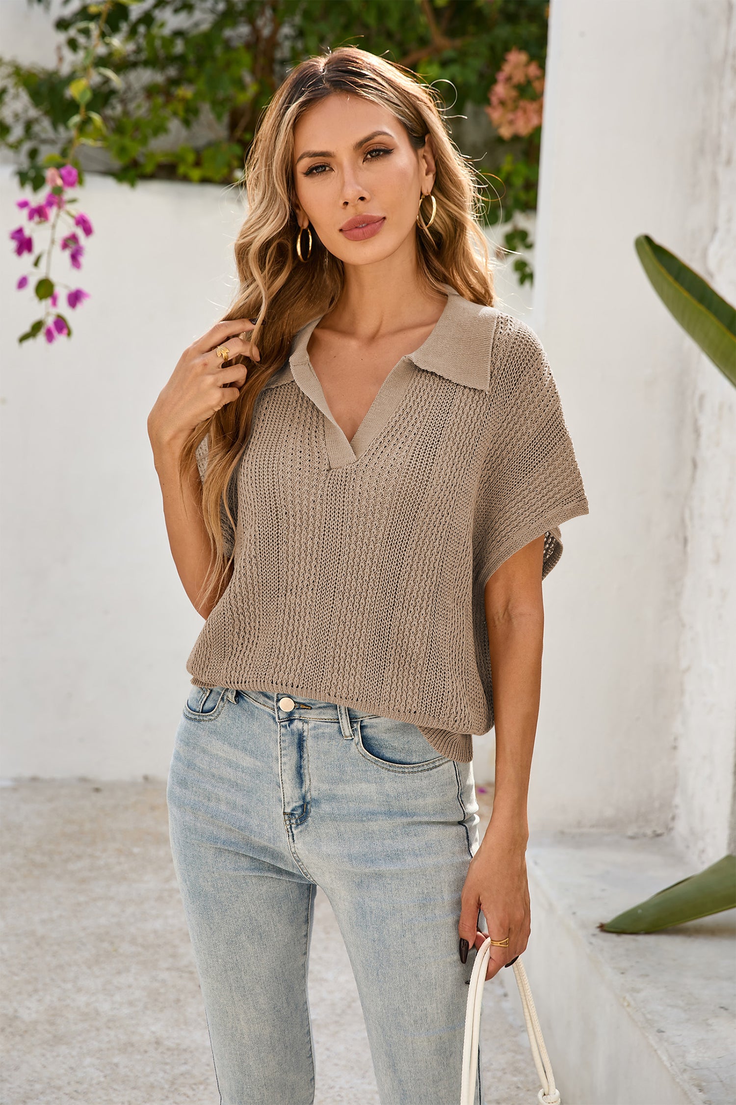 Cakulo Women's Spring-Summer Crochet Short Sleeve Polo Sweater V Neck Hollow Out