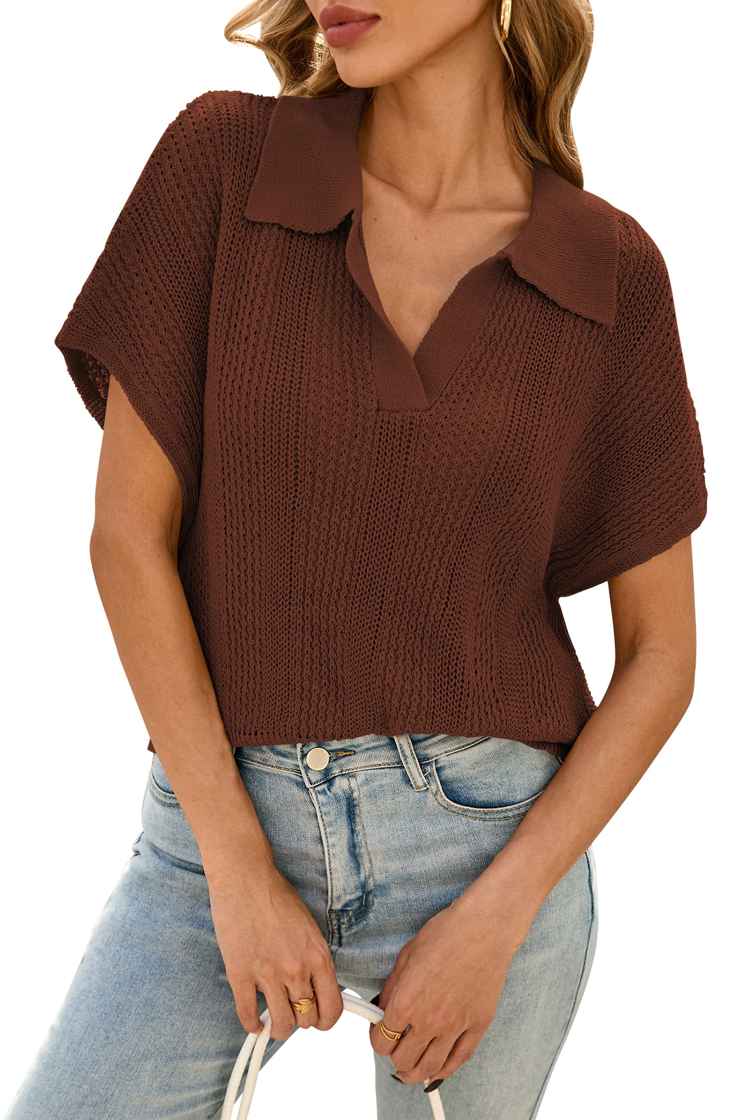Cakulo Women's Spring-Summer Crochet Short Sleeve Polo Sweater V Neck Hollow Out
