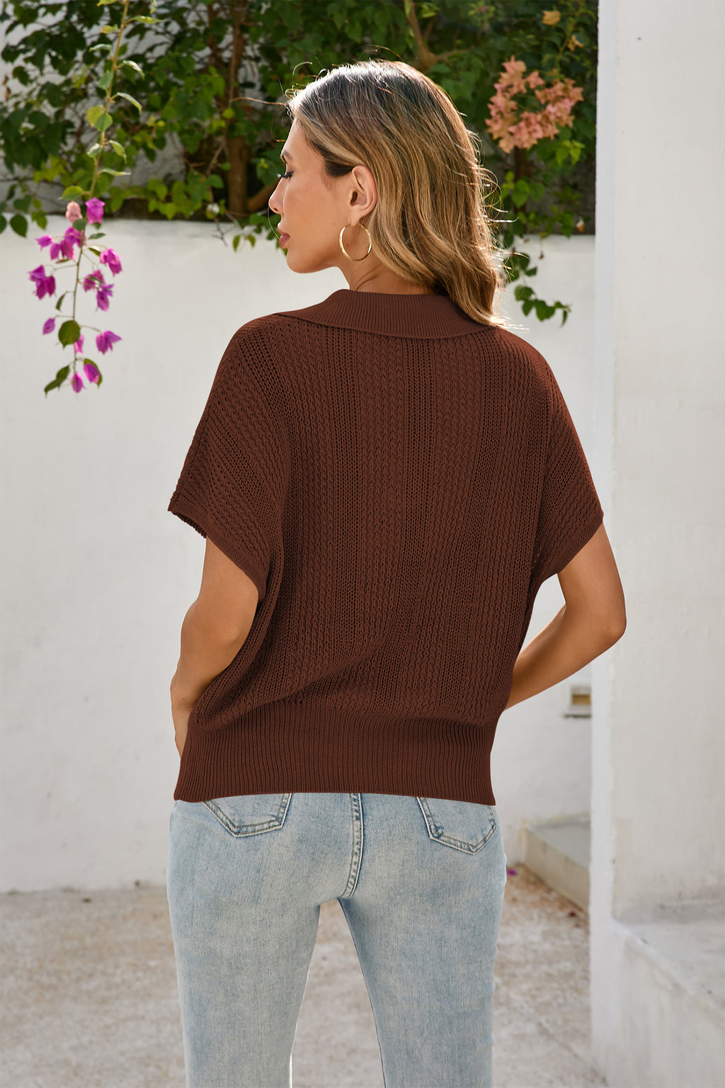 Cakulo Women's Spring-Summer Crochet Short Sleeve Polo Sweater V Neck Hollow Out