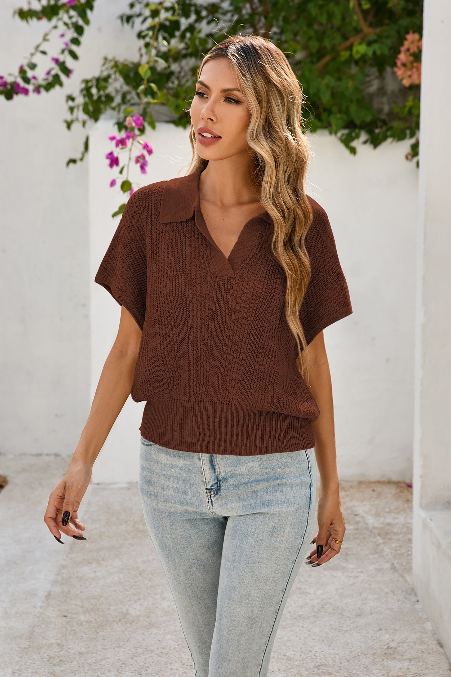Cakulo Women's Spring-Summer Crochet Short Sleeve Polo Sweater V Neck Hollow Out