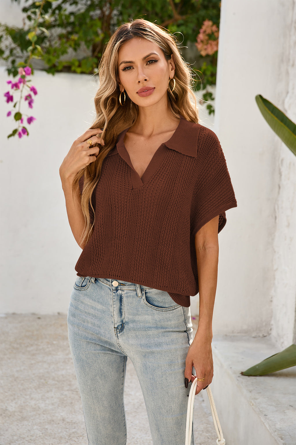 Cakulo Women's Spring-Summer Crochet Short Sleeve Polo Sweater V Neck Hollow Out