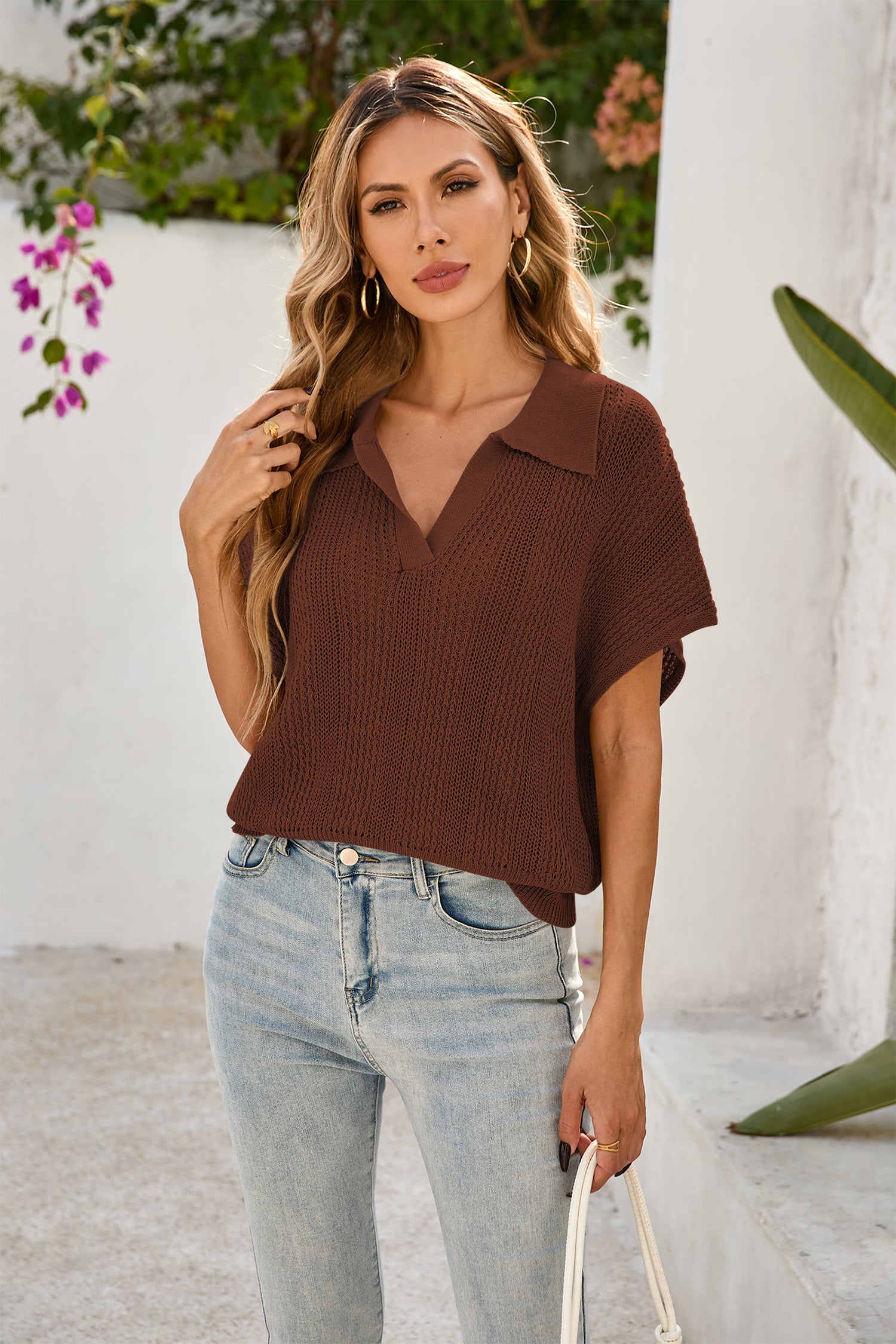 Cakulo Women's Spring-Summer Crochet Short Sleeve Polo Sweater V Neck Hollow Out