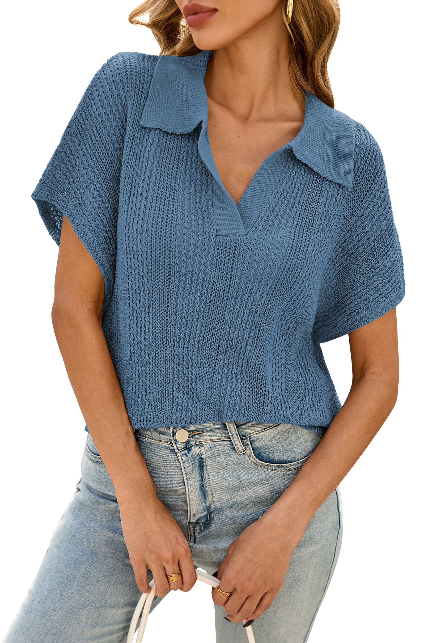 Cakulo Women's Spring-Summer Crochet Short Sleeve Polo Sweater V Neck Hollow Out