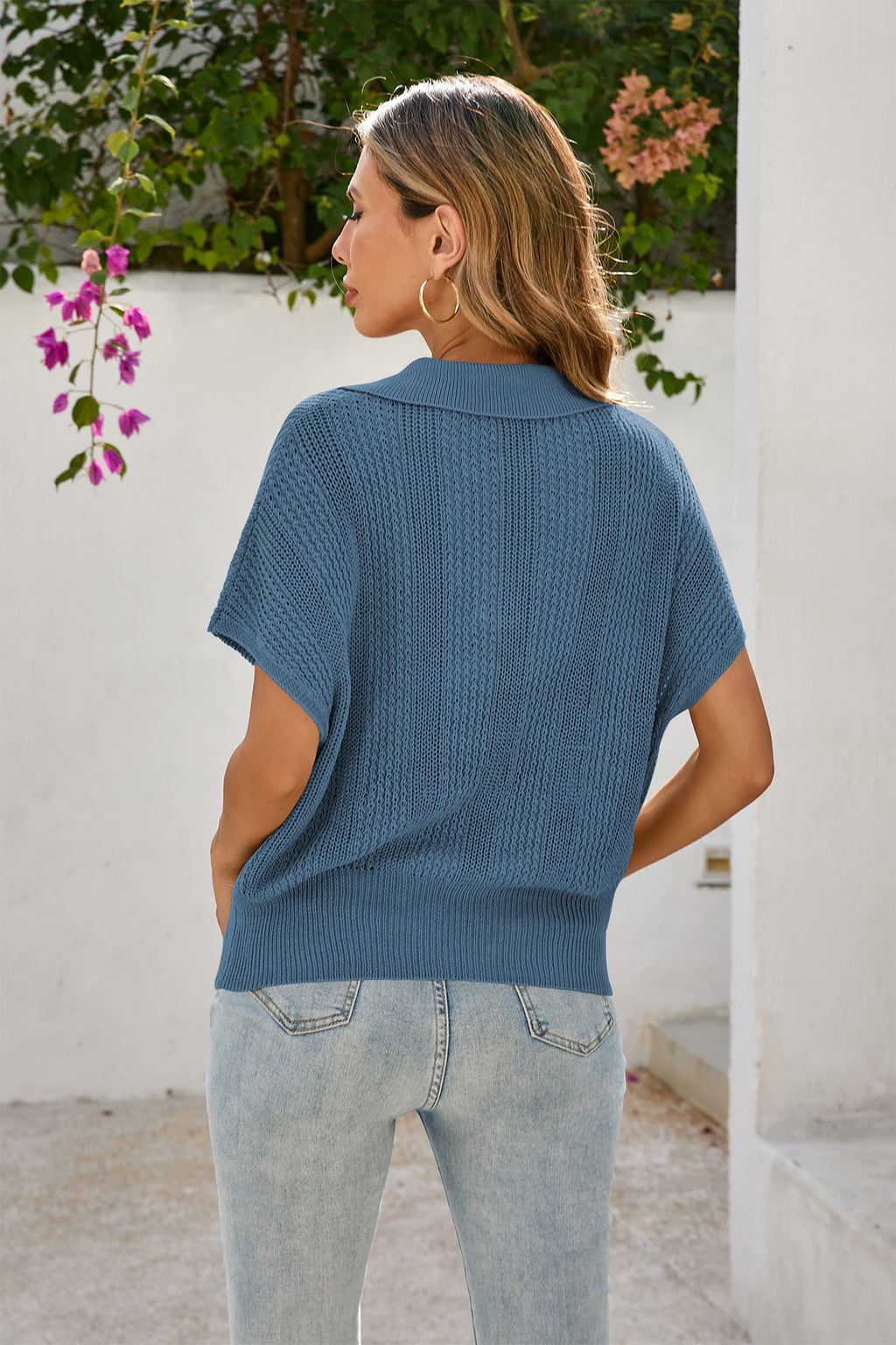 Cakulo Women's Spring-Summer Crochet Short Sleeve Polo Sweater V Neck Hollow Out