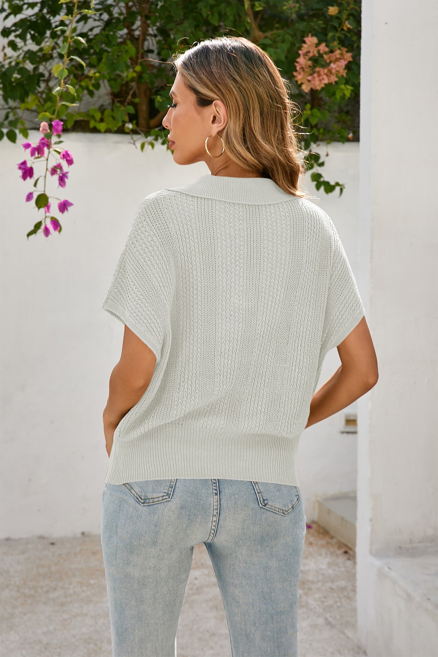 Cakulo Women's Spring-Summer Crochet Short Sleeve Polo Sweater V Neck Hollow Out