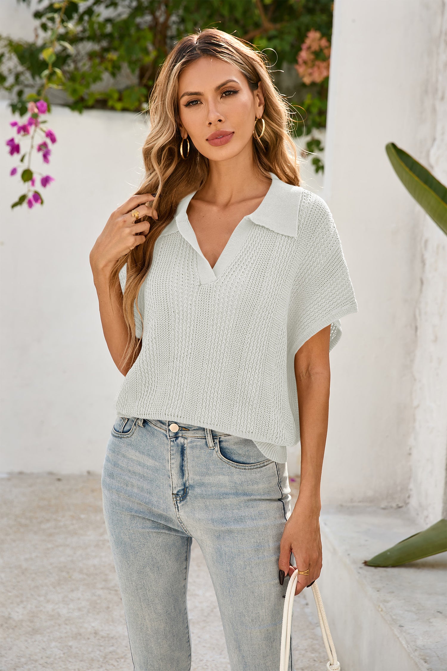 Cakulo Women's Spring-Summer Crochet Short Sleeve Polo Sweater V Neck Hollow Out