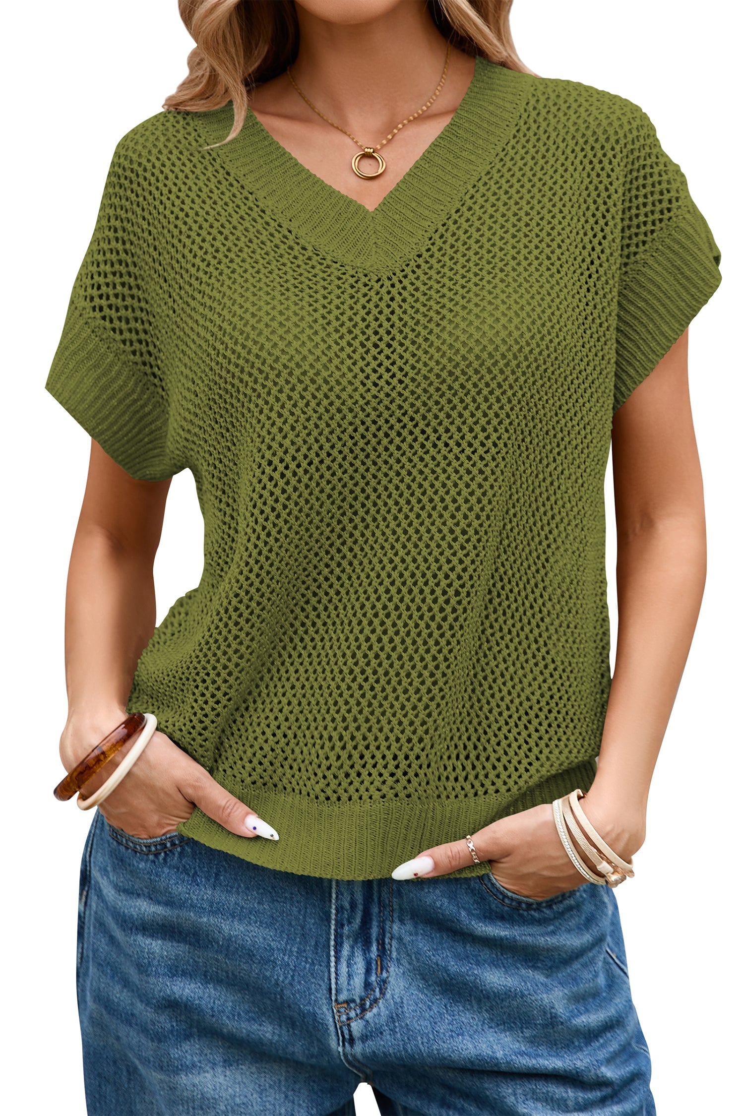 Cakulo Women's Summer Crochet V-Neck Sheer Sparkly Knit Top