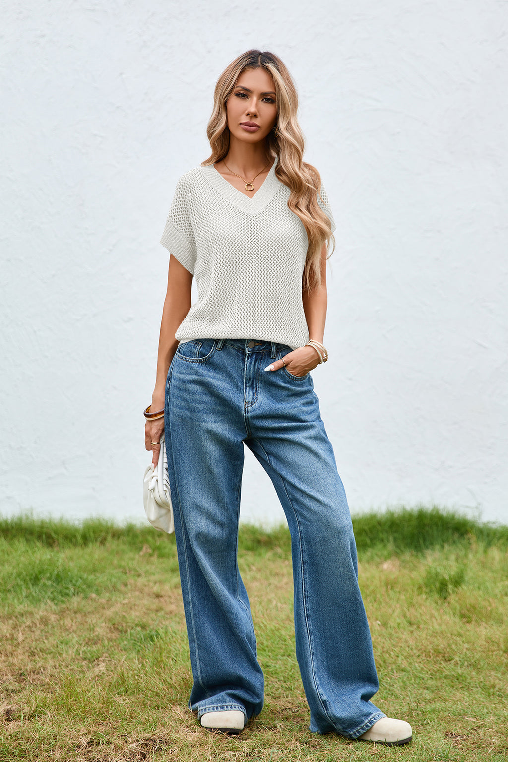 Cakulo Women's Summer Crochet V-Neck Sheer Sparkly Knit Top