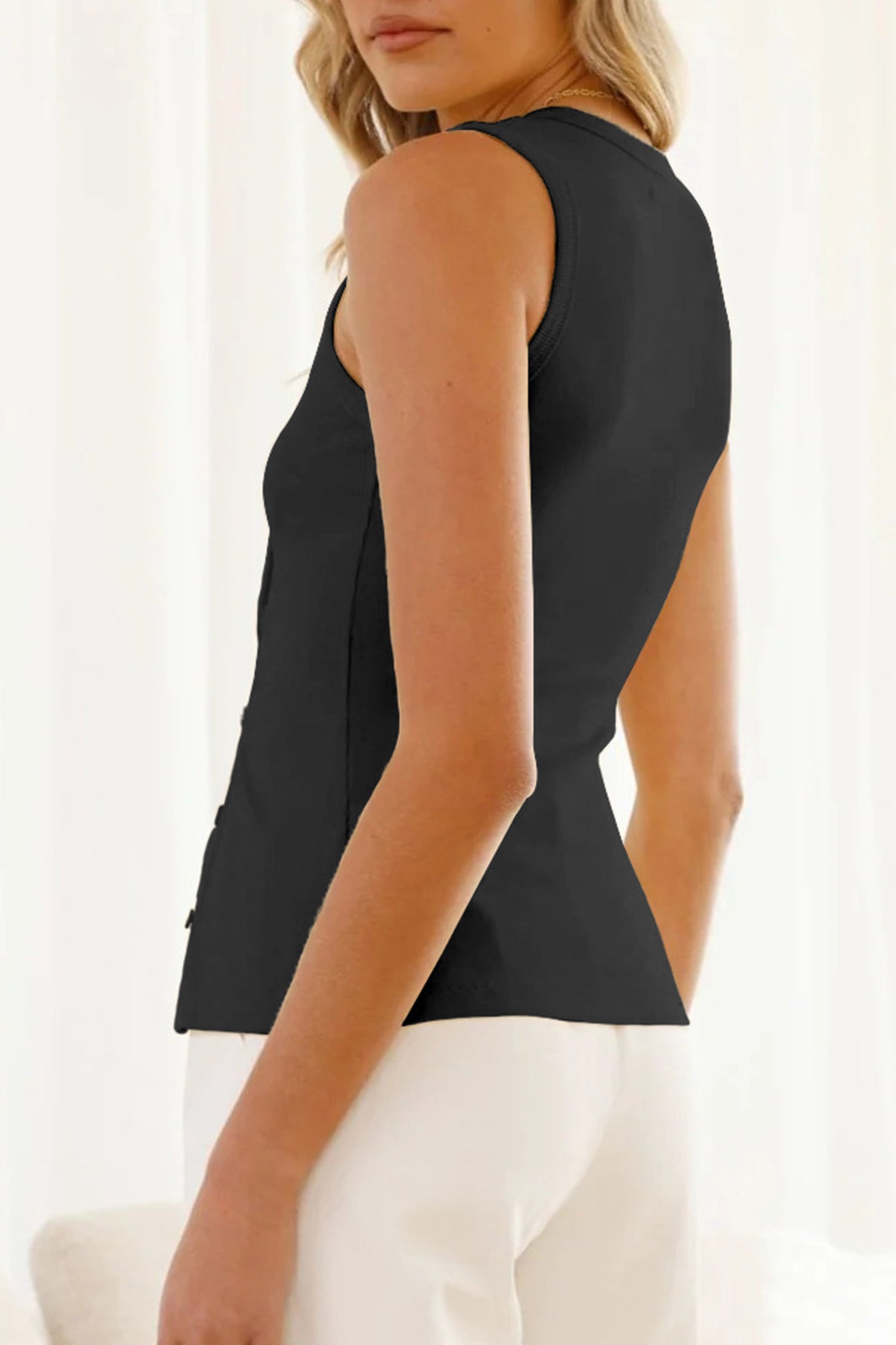 Cakulo Women Slim Fitted Summer Cardigan Sleeveless Button Down Shirt Ribbed Knit Tops